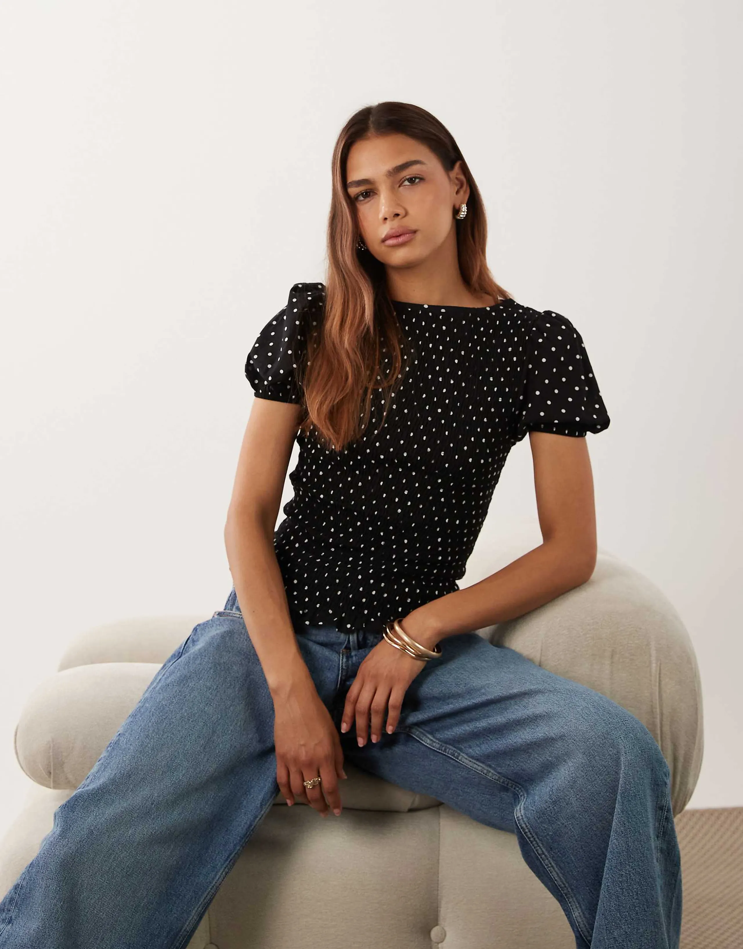 ASOS DESIGN shirred short sleeve top in black polka dot voile