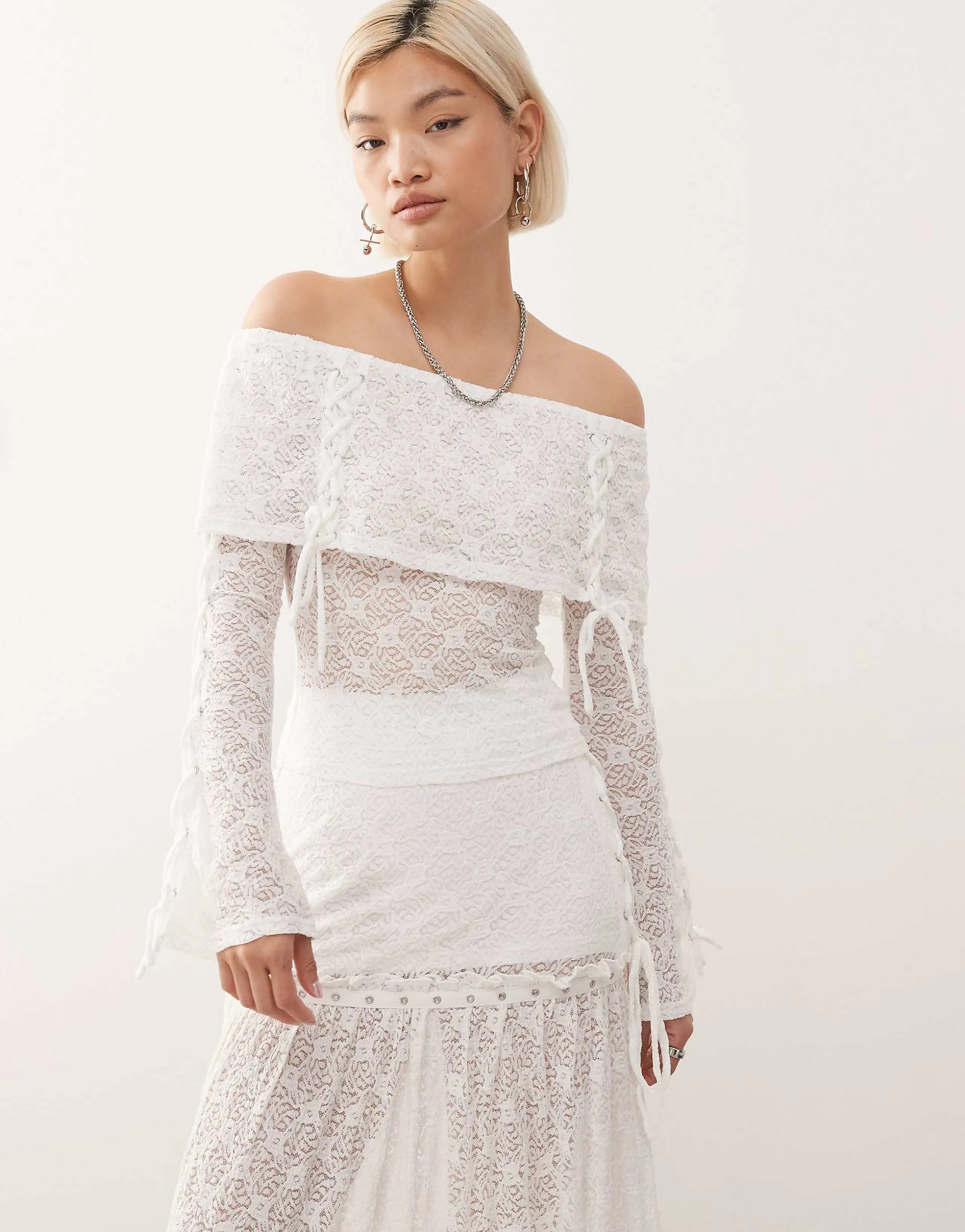 Minga London textured lace off shoulder top in off white