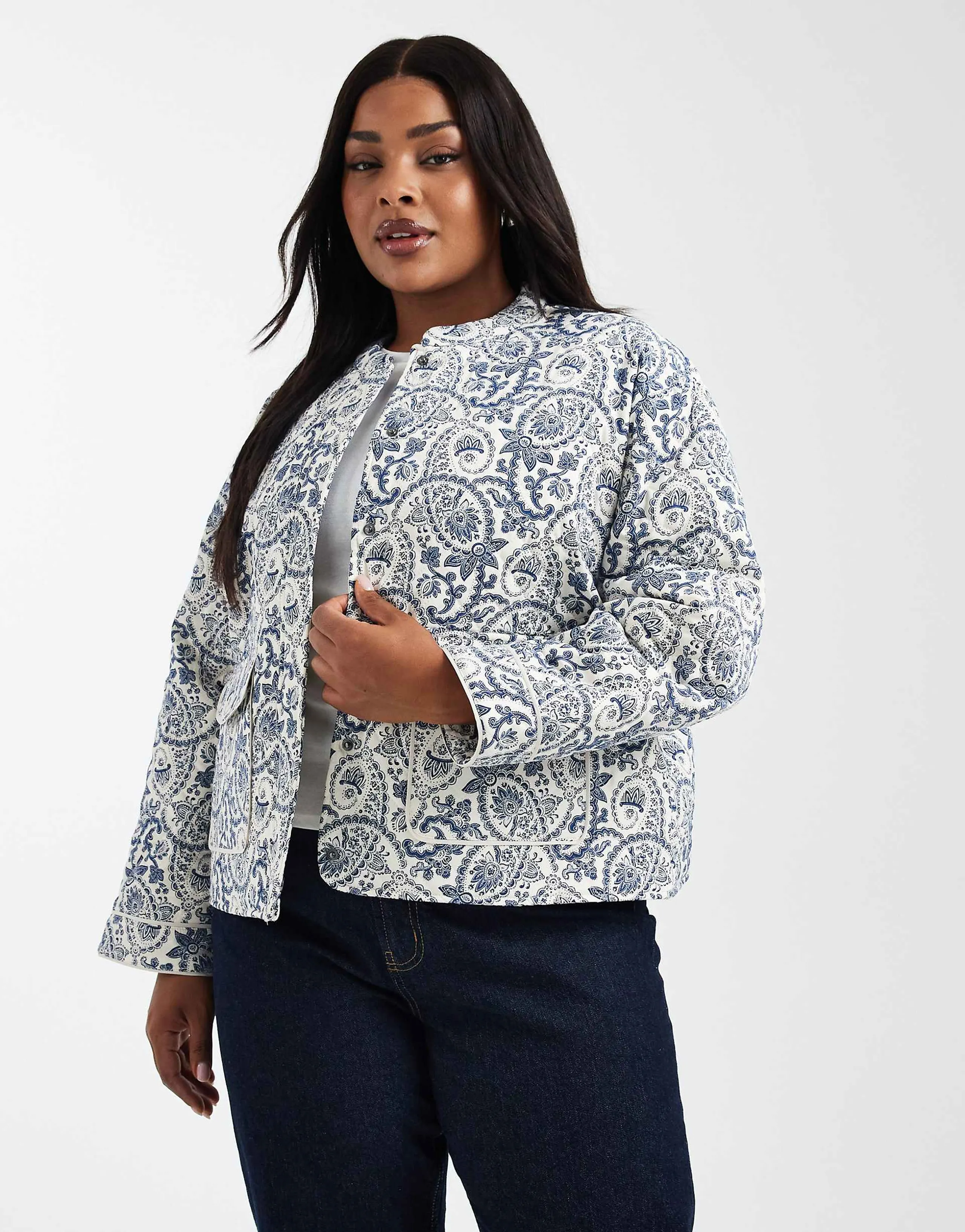 ONLY Curve quilted jacket in blue jacquard print