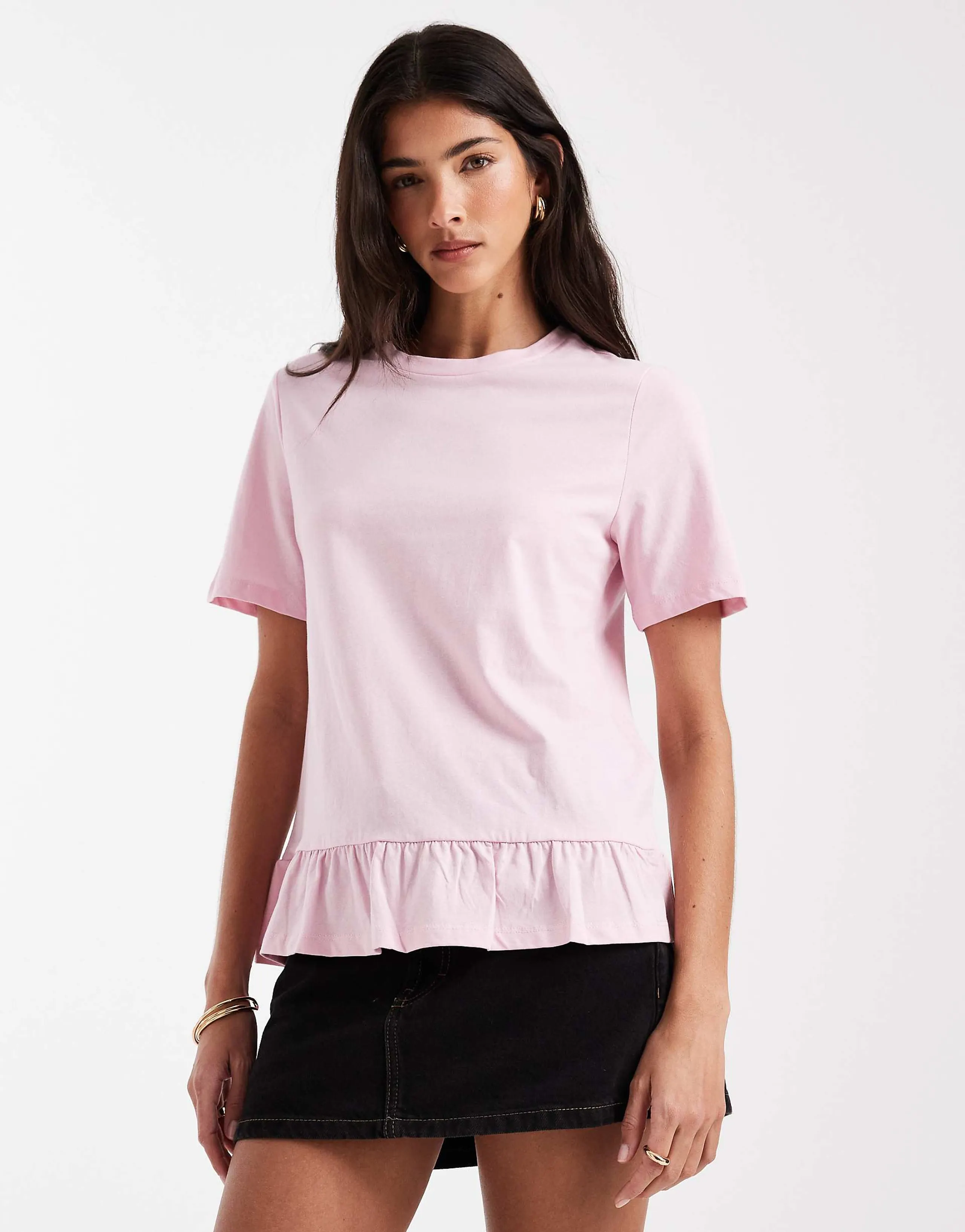 Pieces frill trim t-shirt in roseate pink