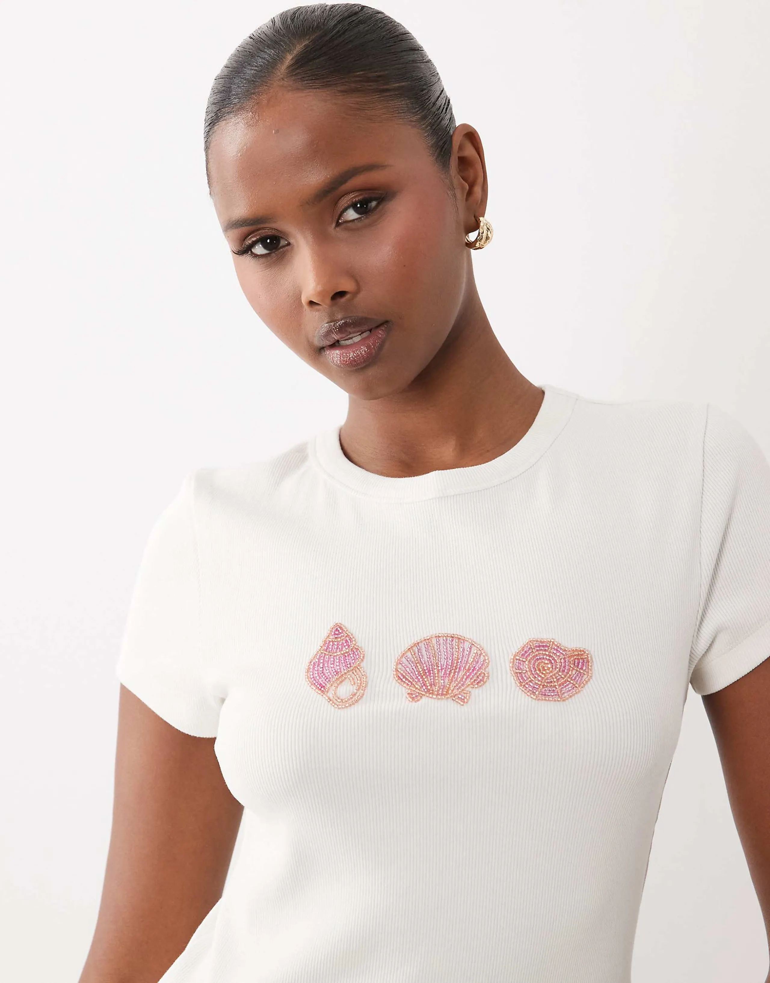 ASOS DESIGN ribbed baby tee with beaded shell embellishment in white