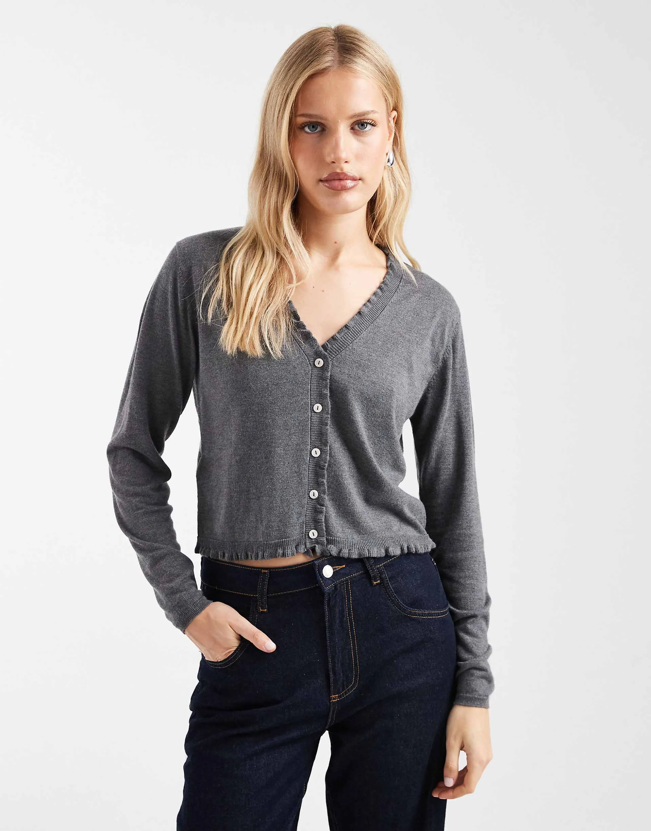 Mango Teen v neck knit cardigan with frill trim in gray