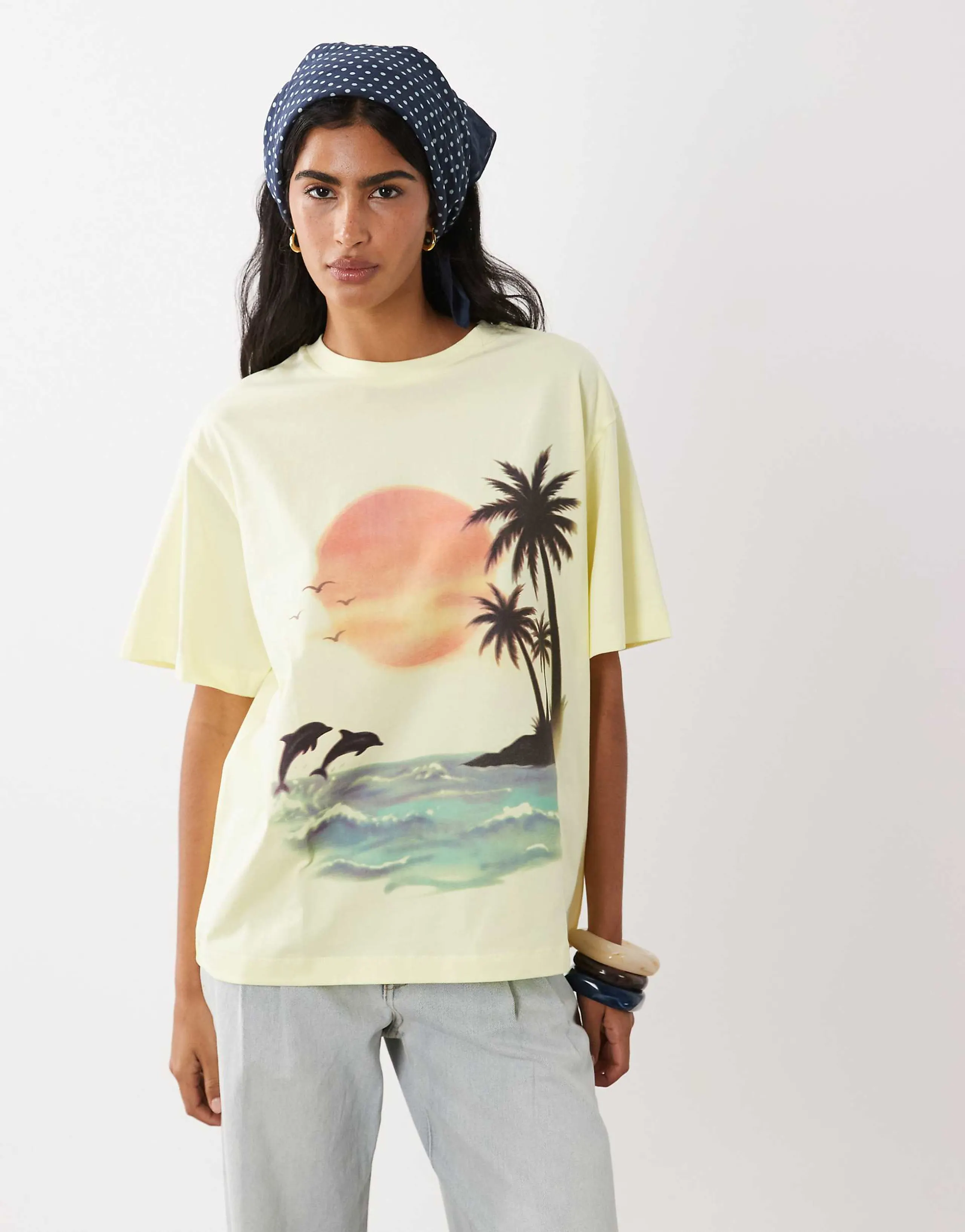 ASOS DESIGN oversized boxy T-shirt with airbrushed vacation graphic in buttermilk