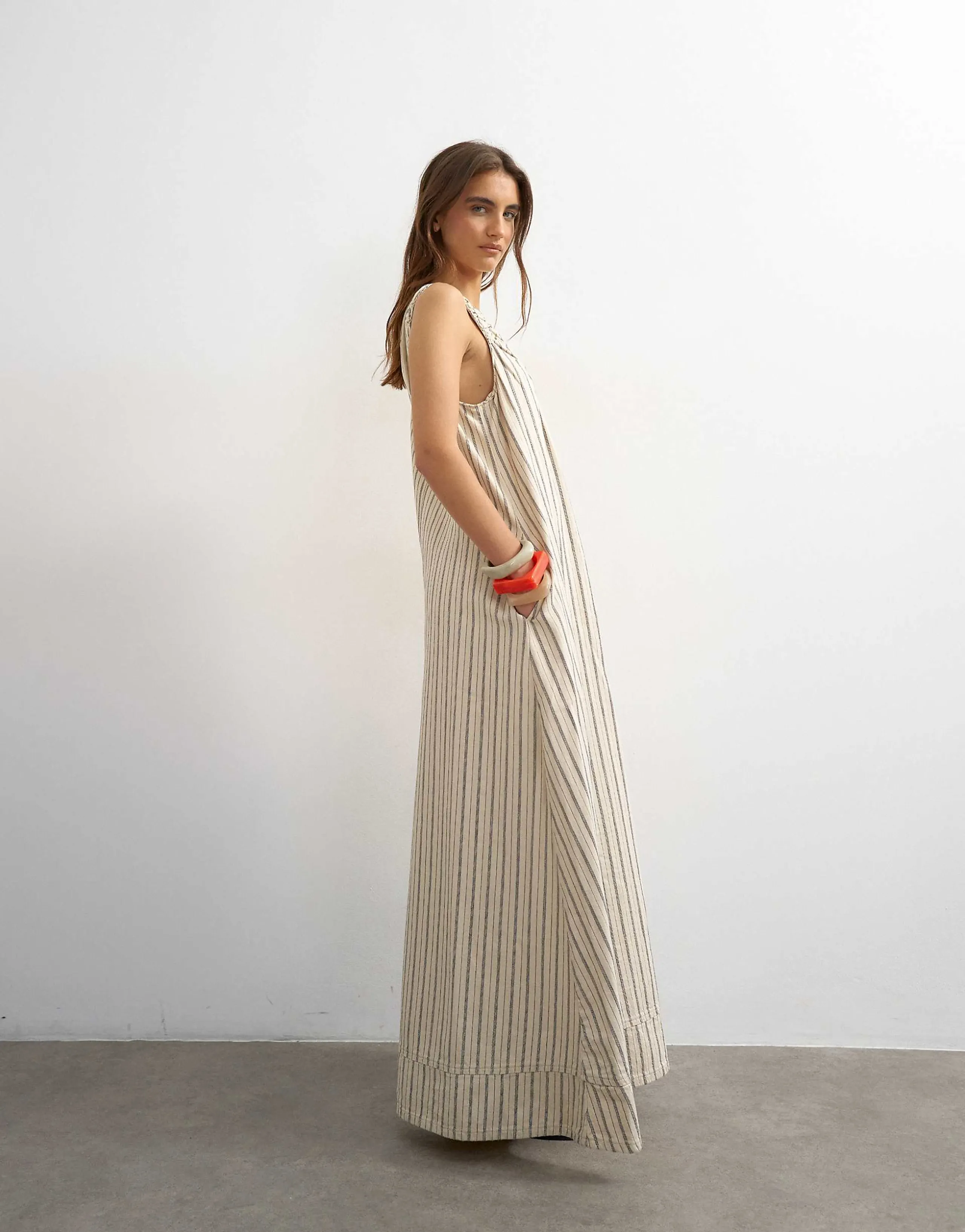 Topshop ruched shoulders denim maxi dress in stripes