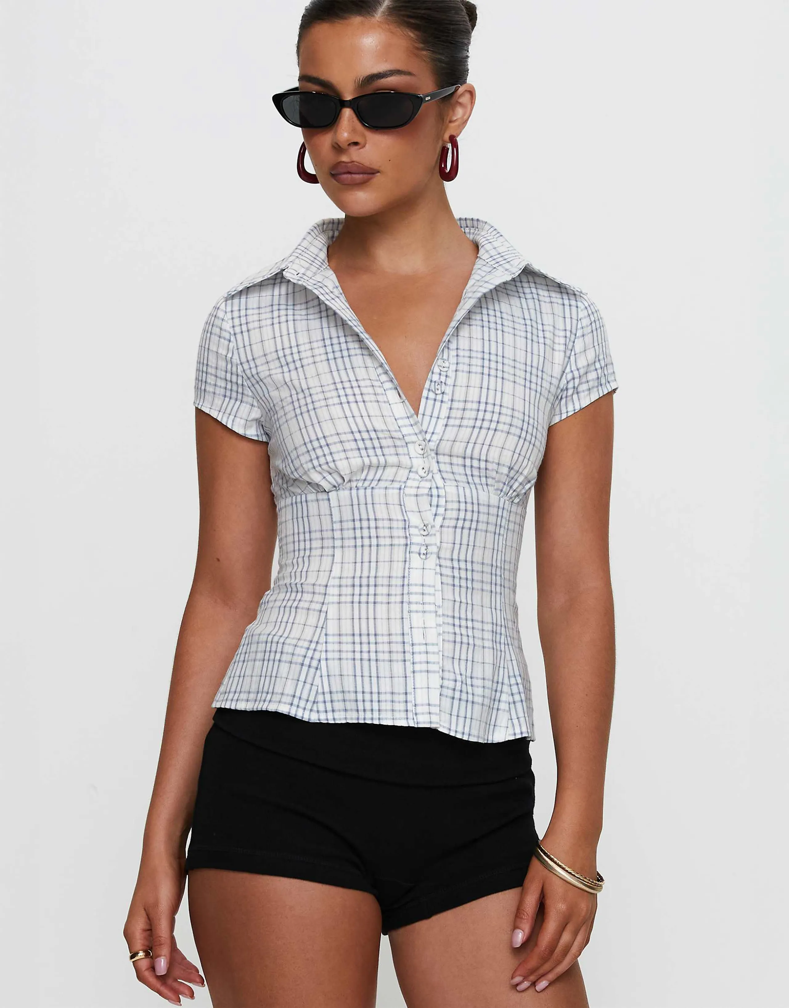 Princess Polly Cottesloe collared short sleeve blouse in white & blue plaid