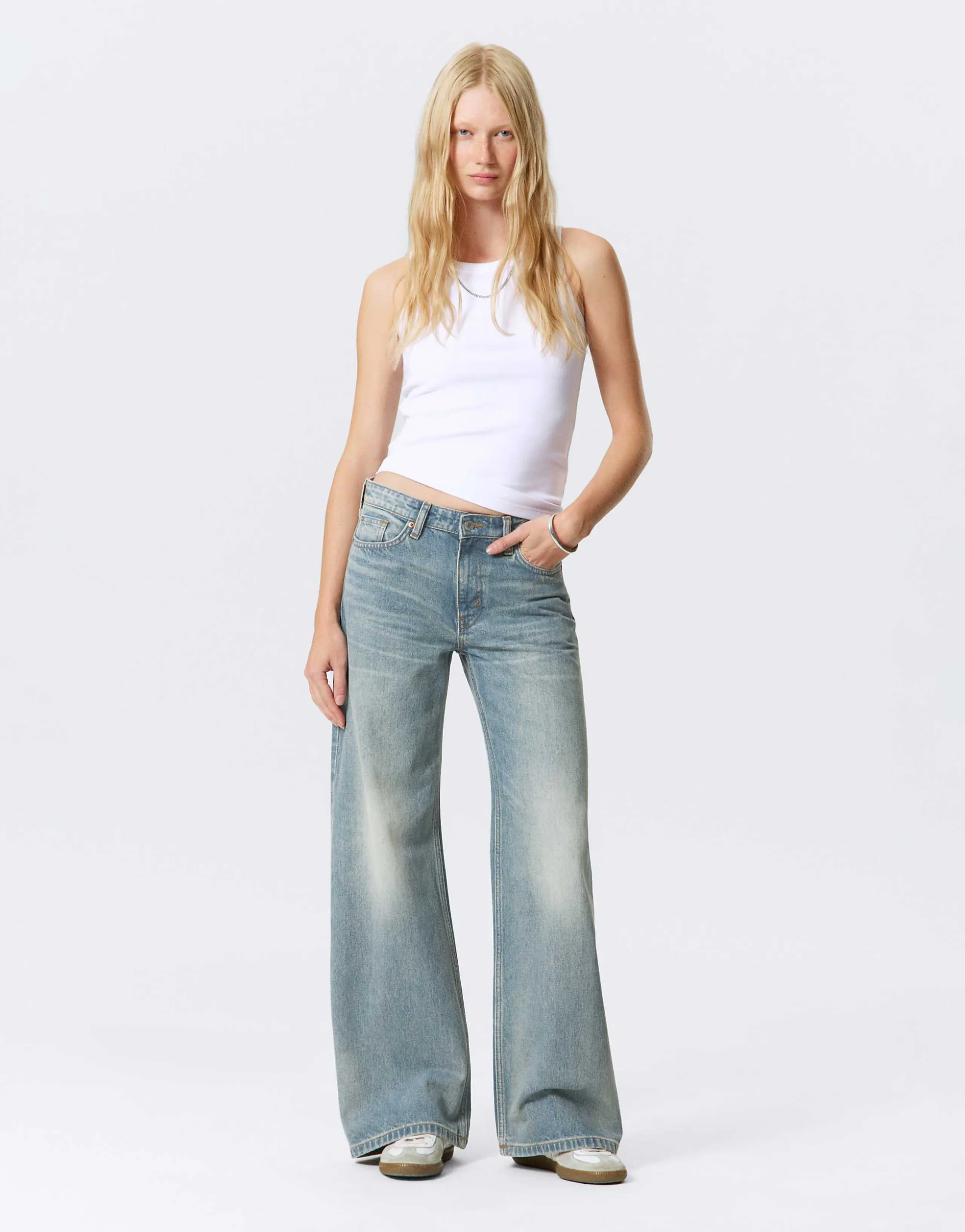 Weekday Paz mid waist wide leg jeans in washed blue