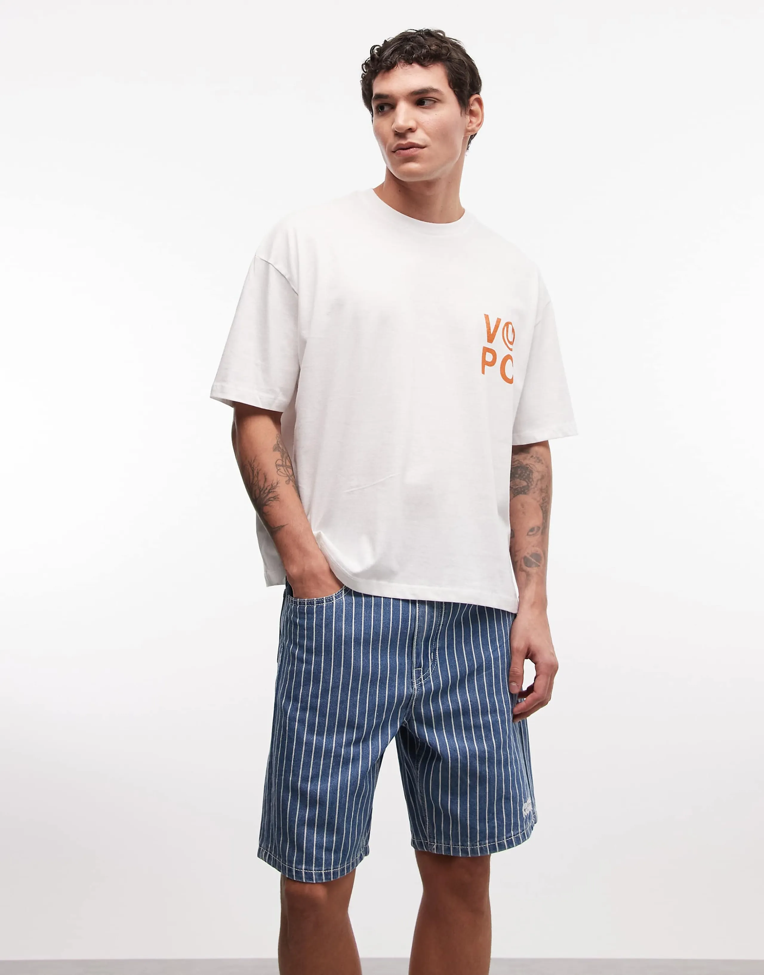 Aape by A Bathing Ape aape now striped denim jorts in blue and white