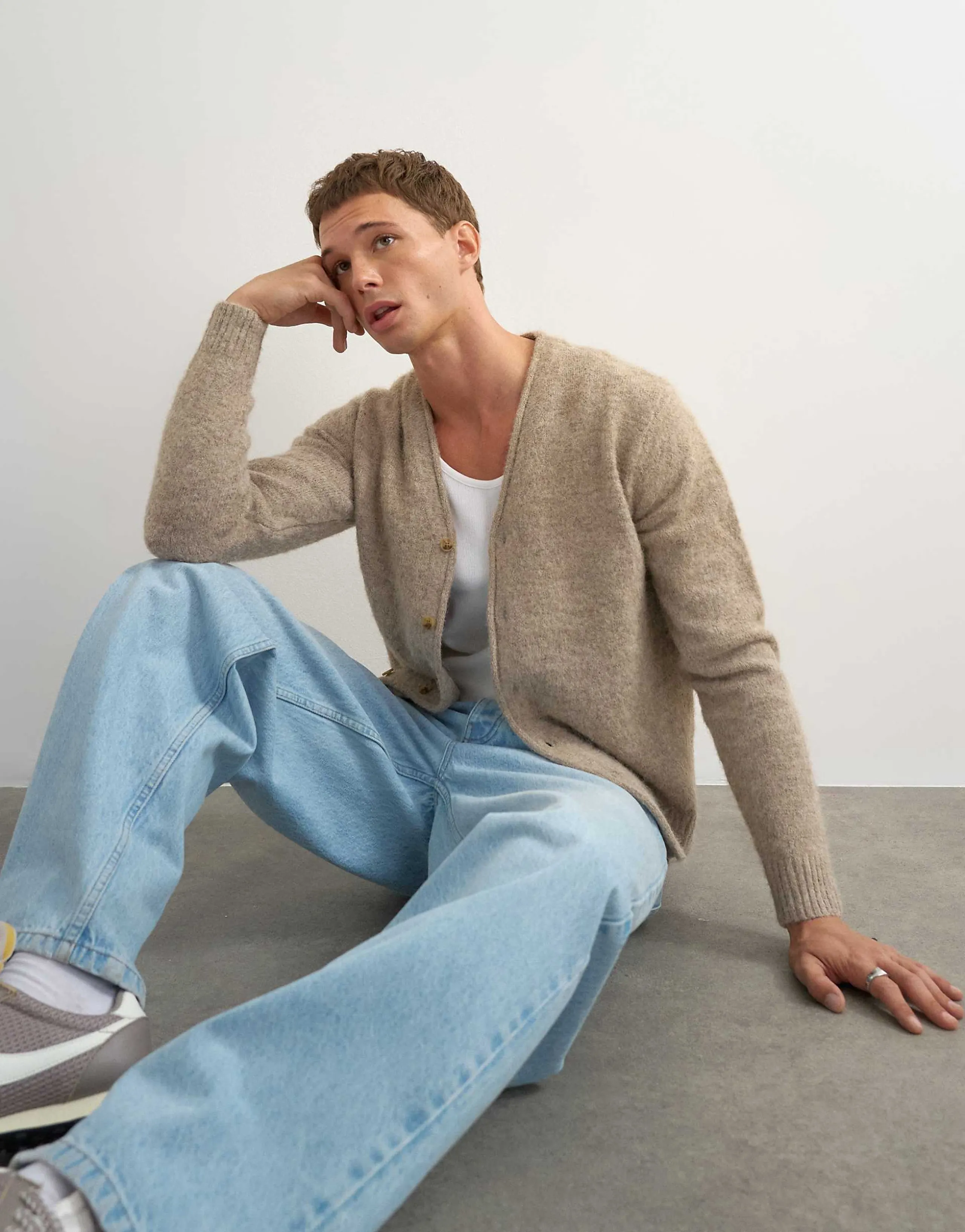 Topman classic fit brushed knit cardigan in oatmeal