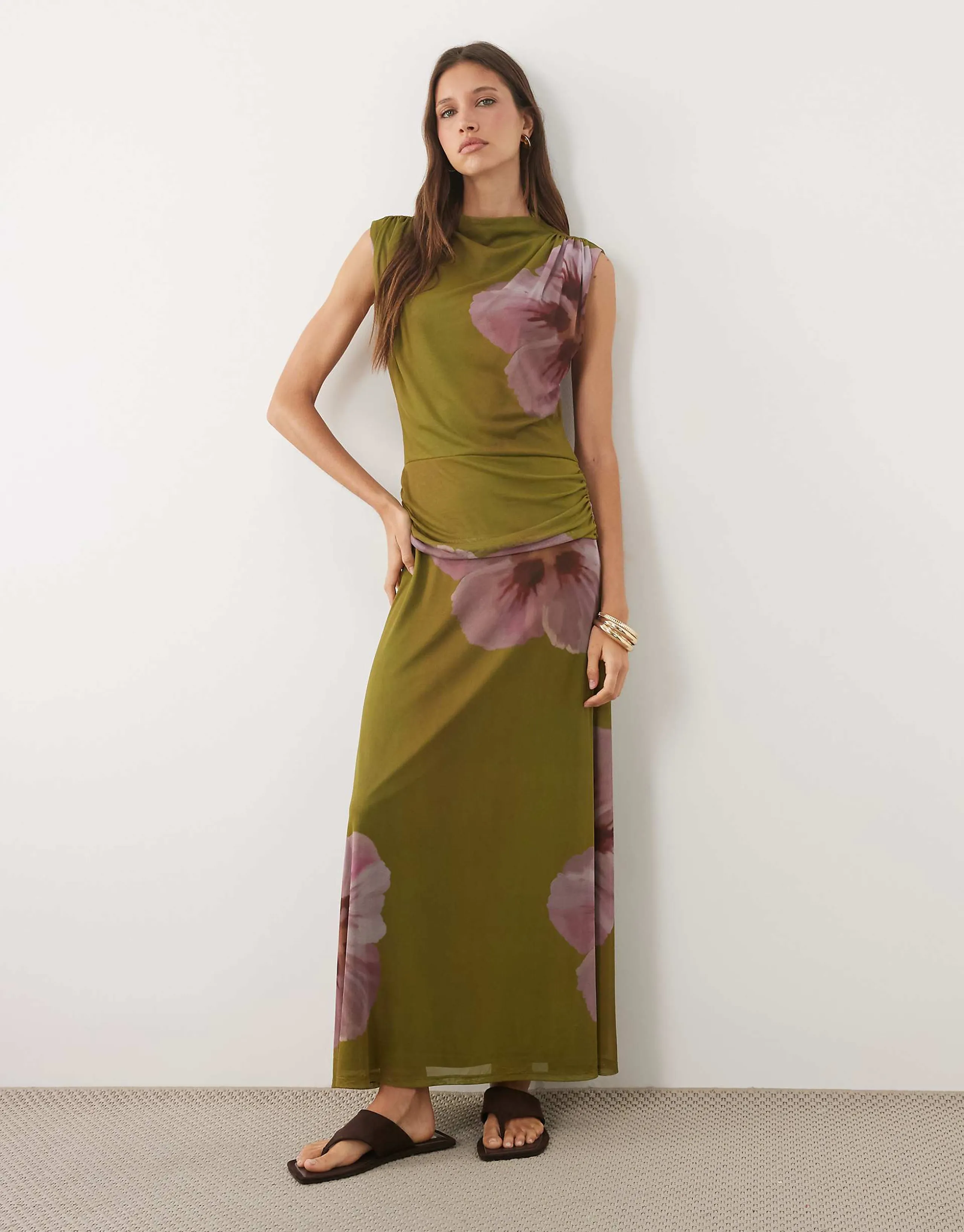 ASOS DESIGN funnel neck dropped waist maxi dress in floral print