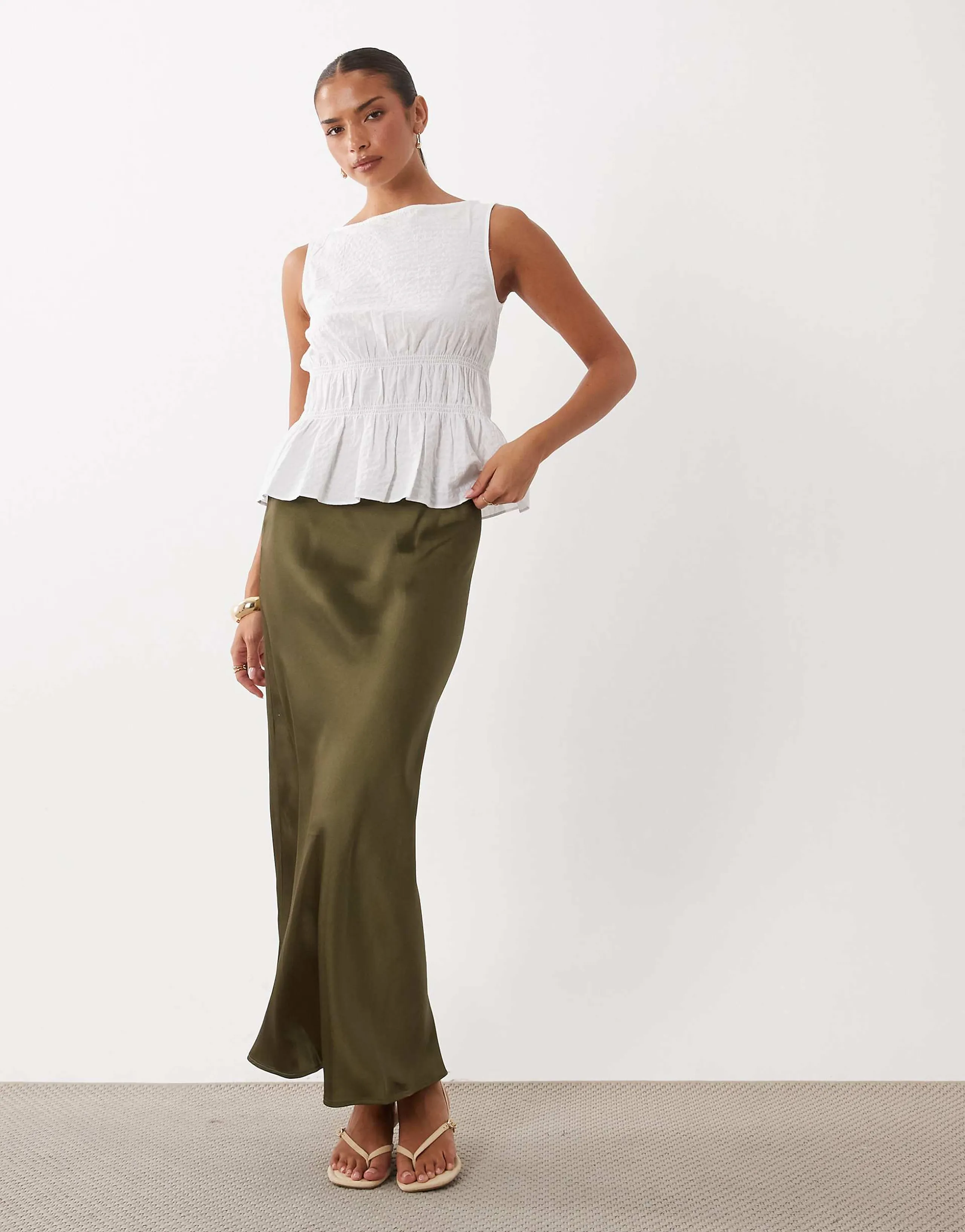 ASOS DESIGN satin bias maxi skirt in olive