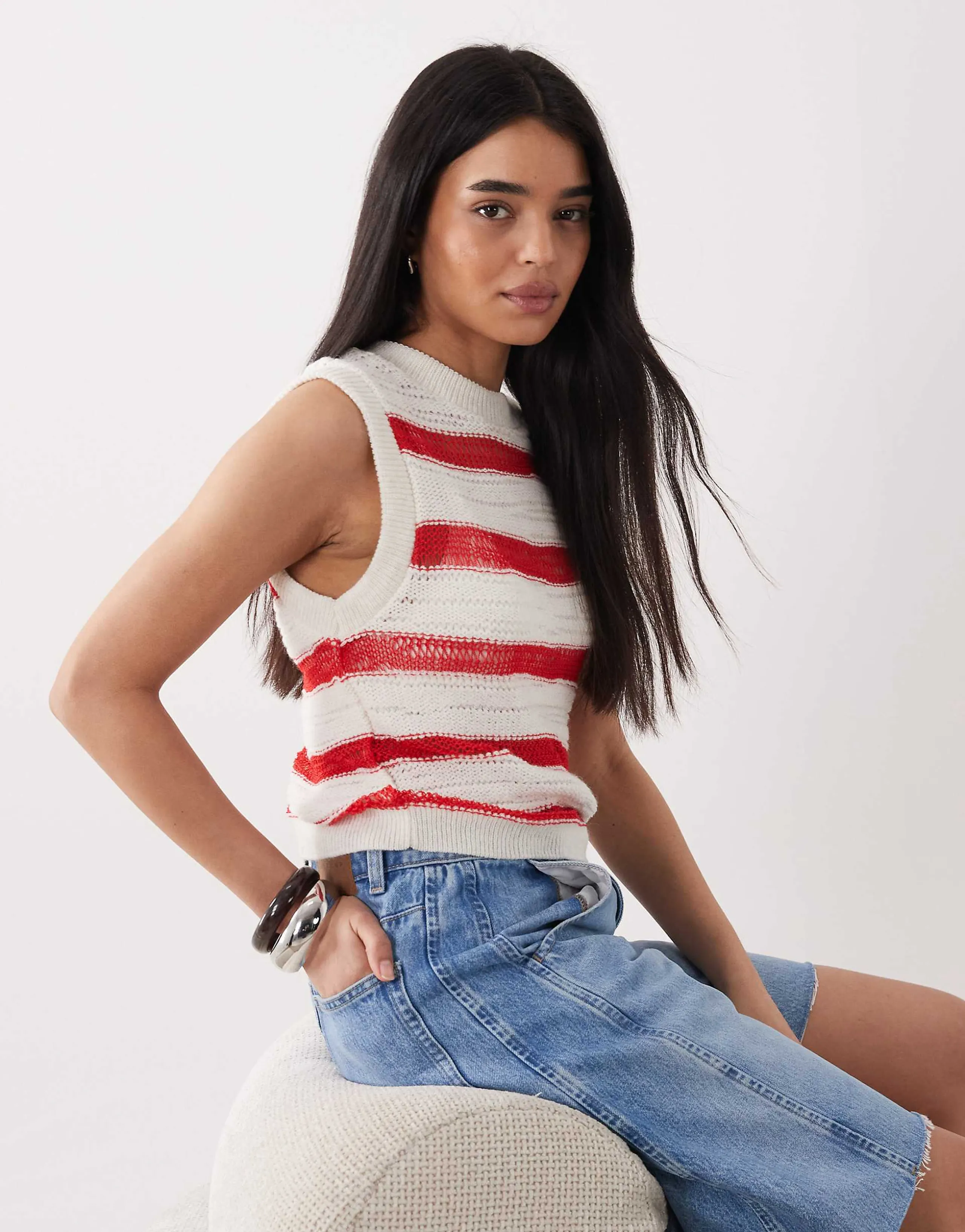 ASOS DESIGN fine knit open weave tank in red stripe