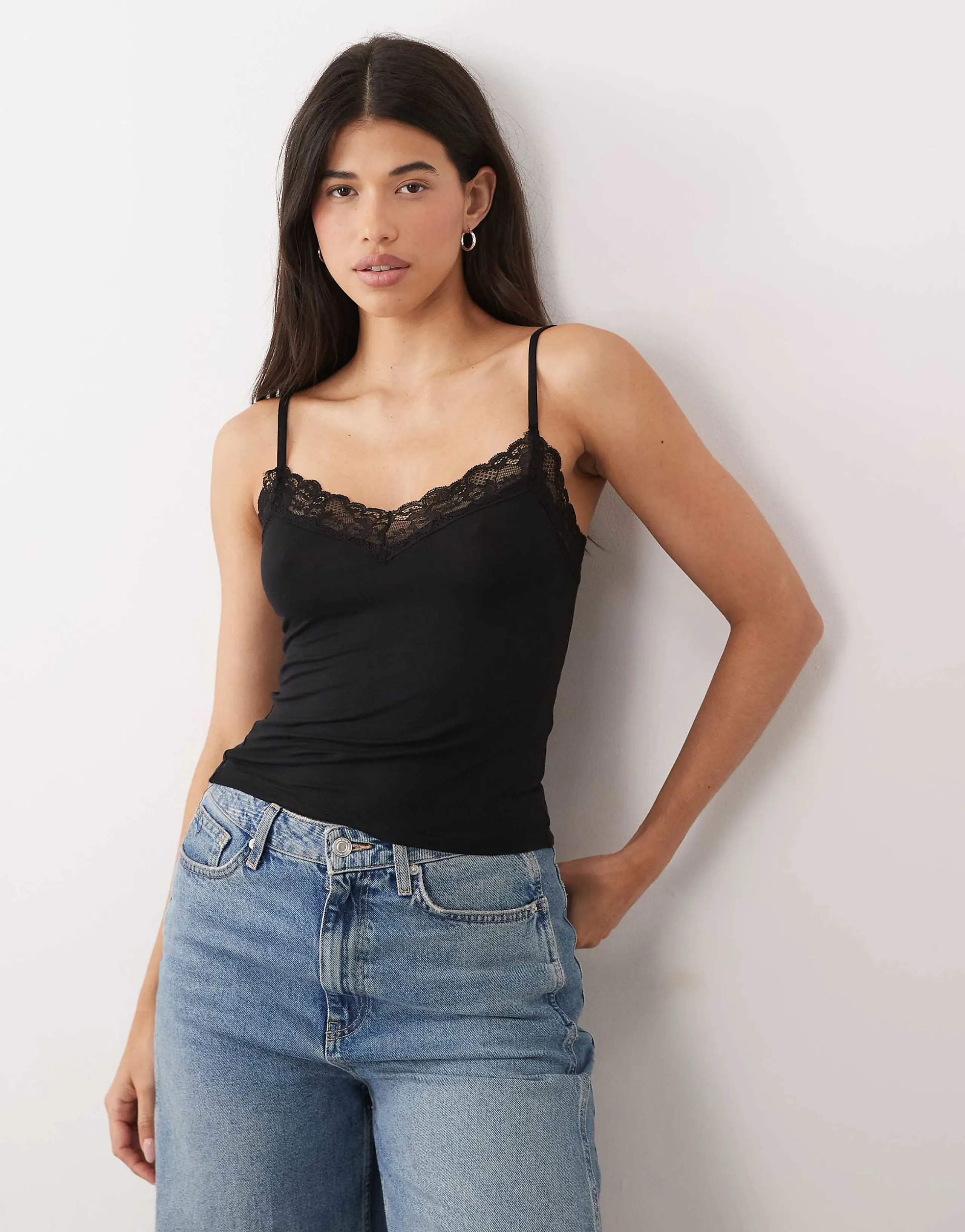 Gina Tricot lace trim soft touch tank top in black