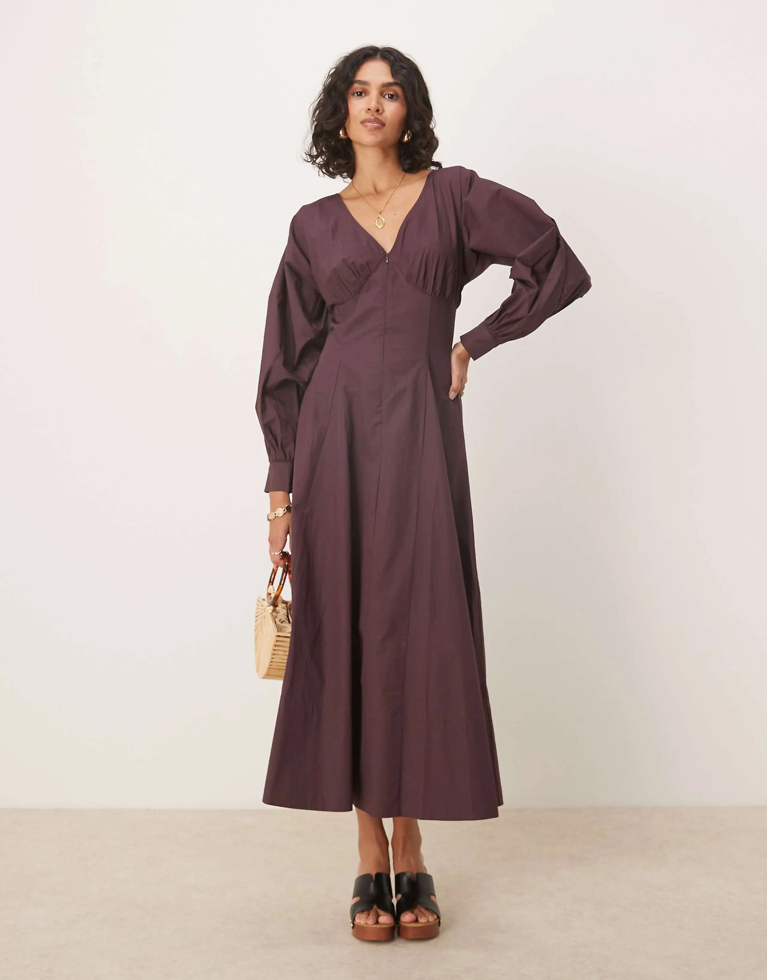 ASOS DESIGN long sleeve v neck poplin maxi dress in chocolate
