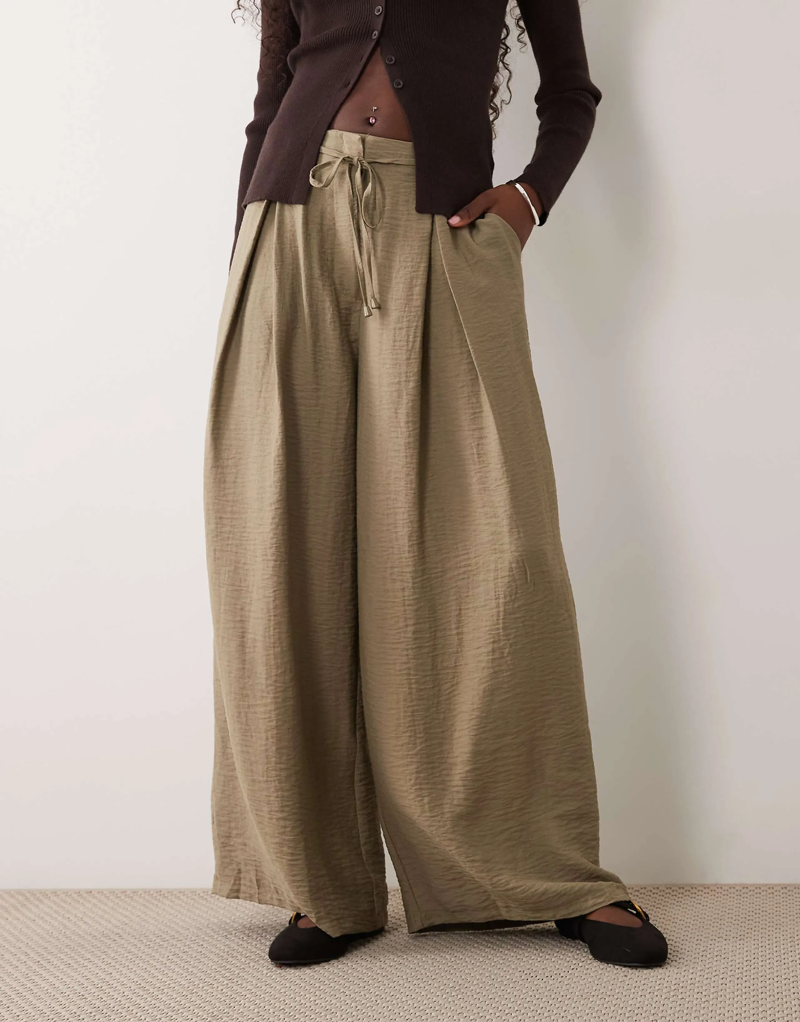 ASOS DESIGN textured wide leg pants with tie waist in khaki