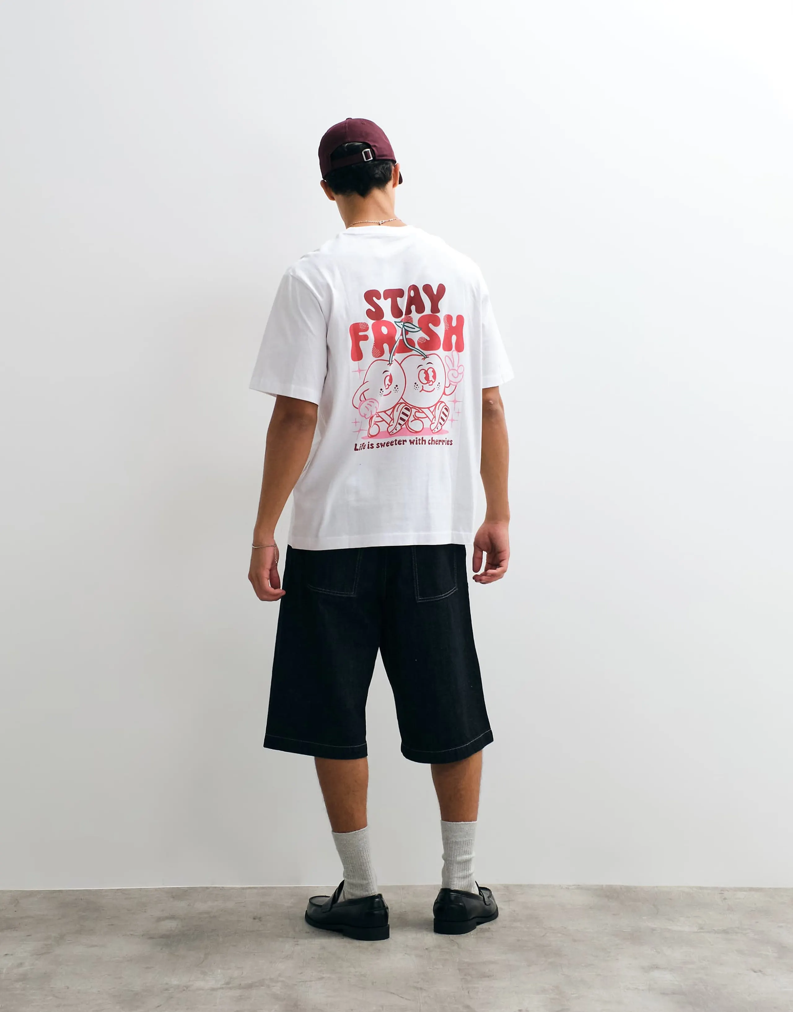 Jack & Jones cartoon cherries backprint T-shirt in white and red