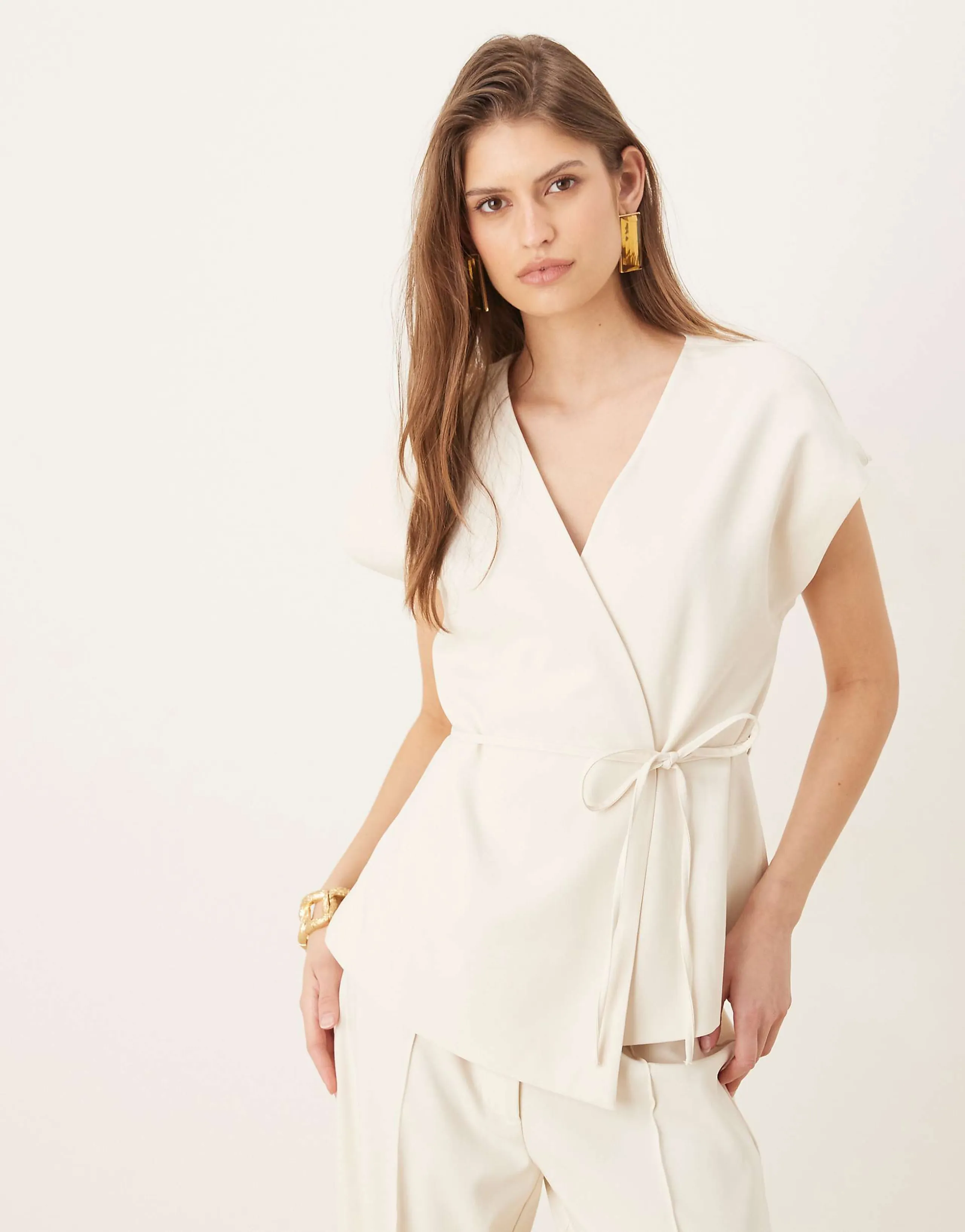 AWARE v-neck tie waist vest in cream - part of a set