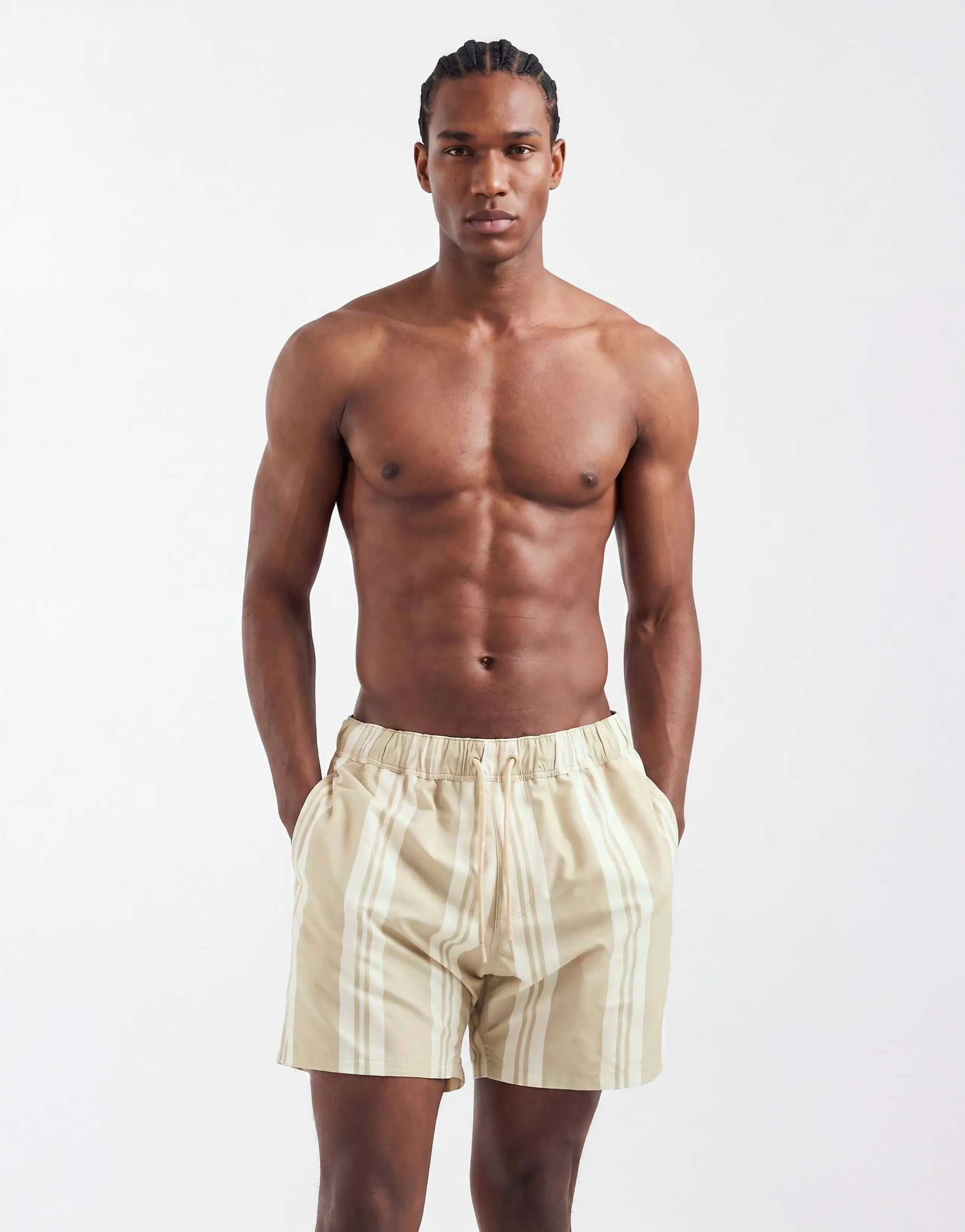 ASOS DESIGN swim shorts in mid length in beige stripe