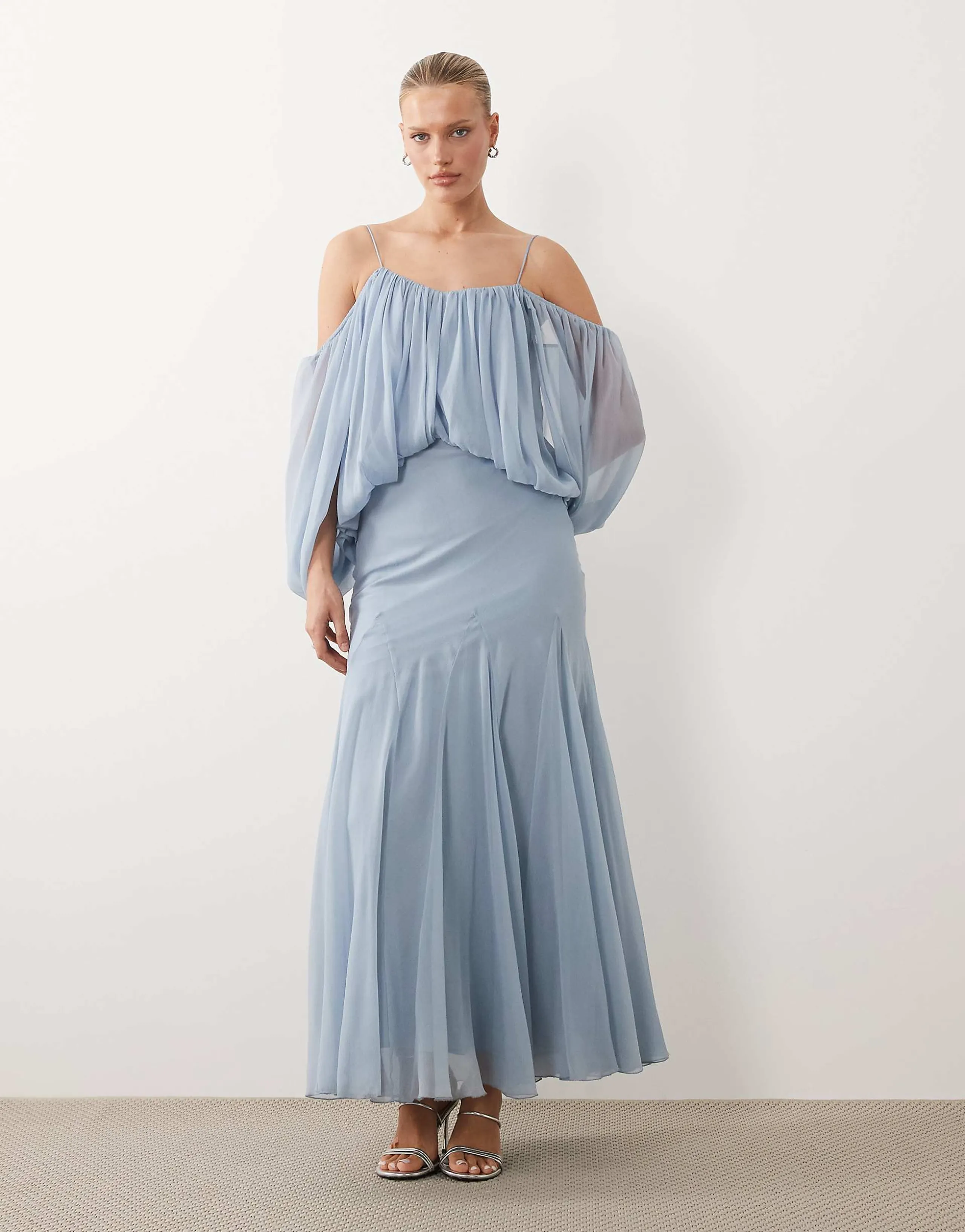 ASOS DESIGN blouson bodice maxi dress with split sleeve and volume godet skirt in light blue