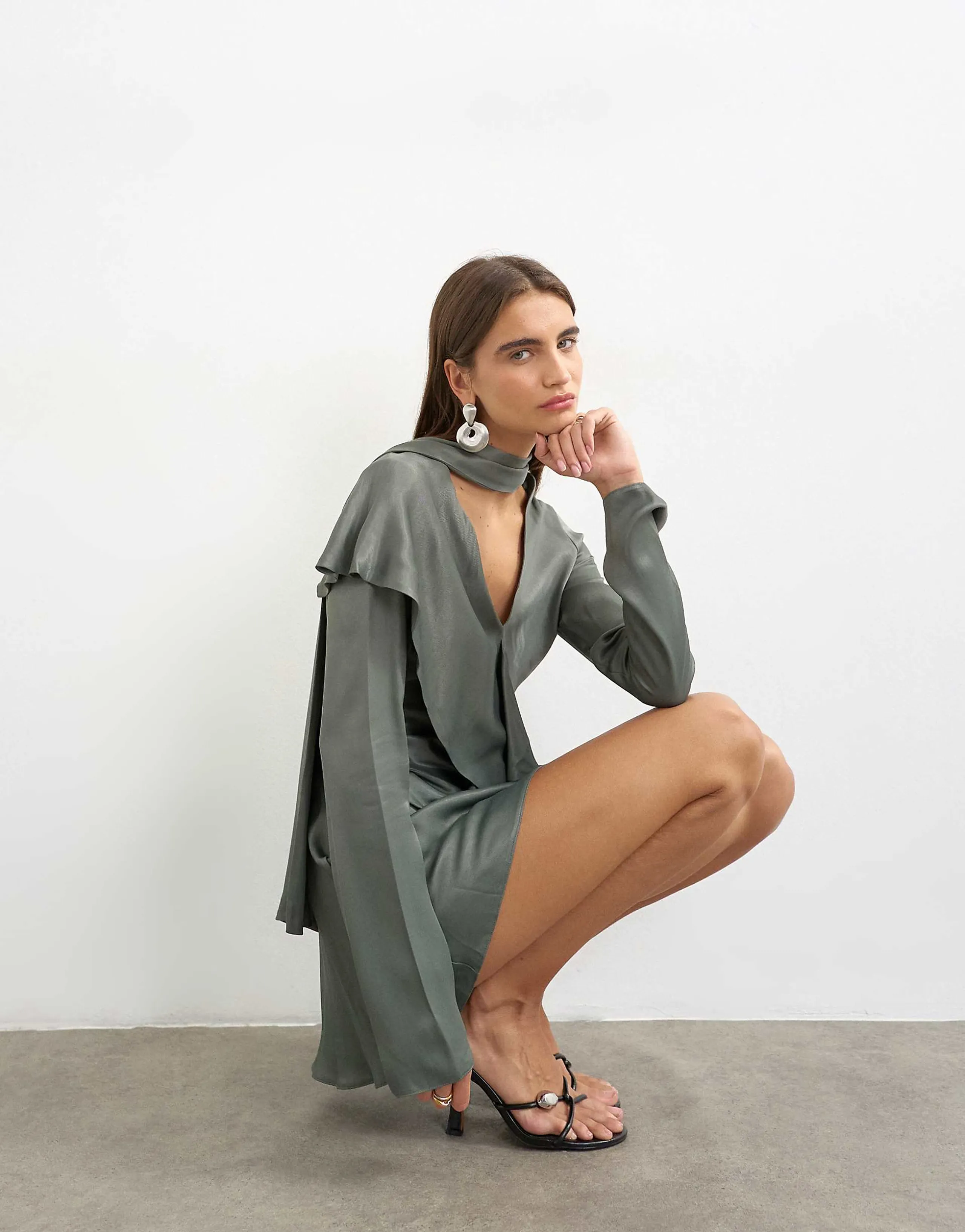 Topshop long sleeve ruffle mini dress with scarf wrap detail in petrol blue