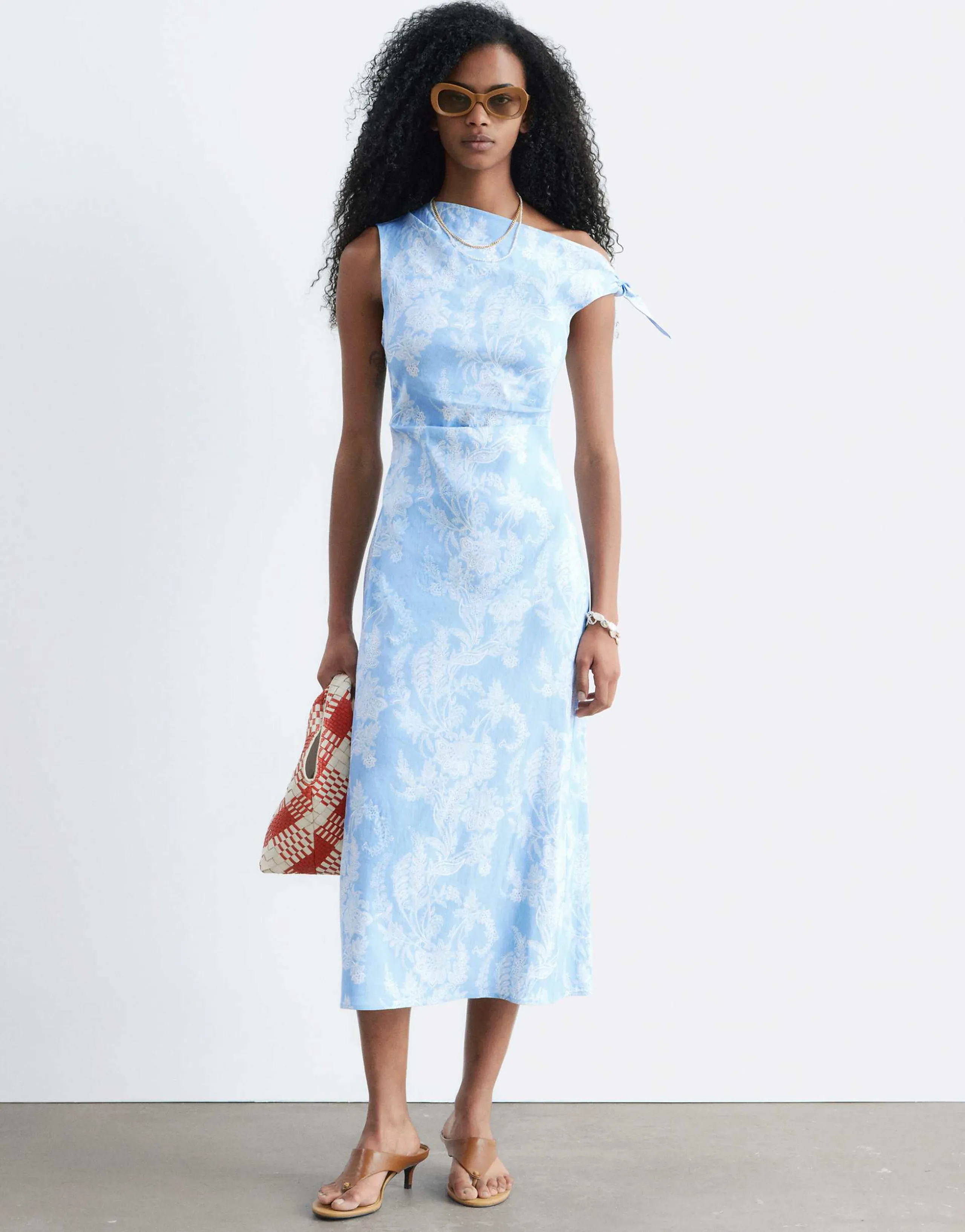 & Other Stories rich linen asymmetric boatneck midi dress in light blue print