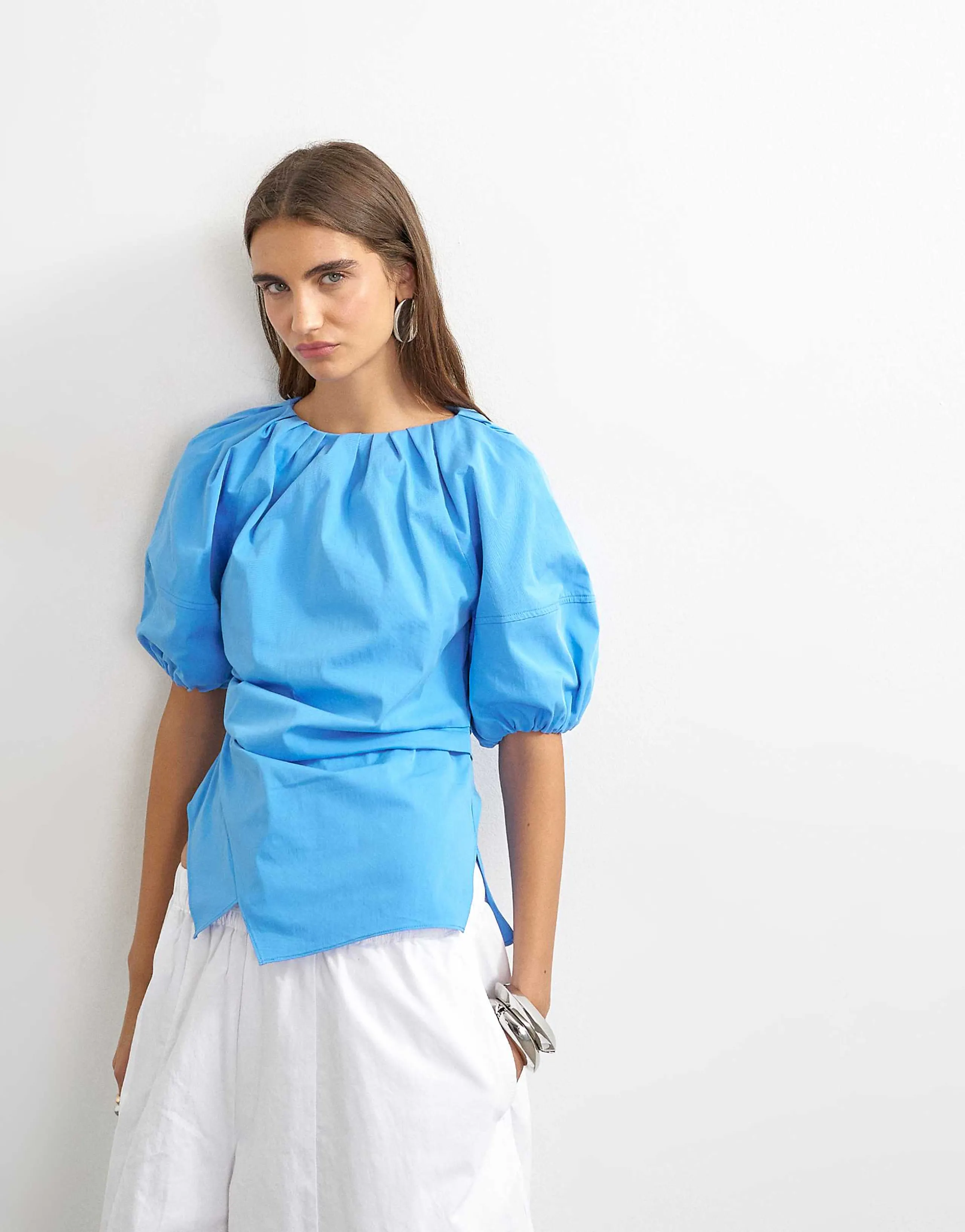 Topshop puff sleeve wrap hem detail top in cornflower blue