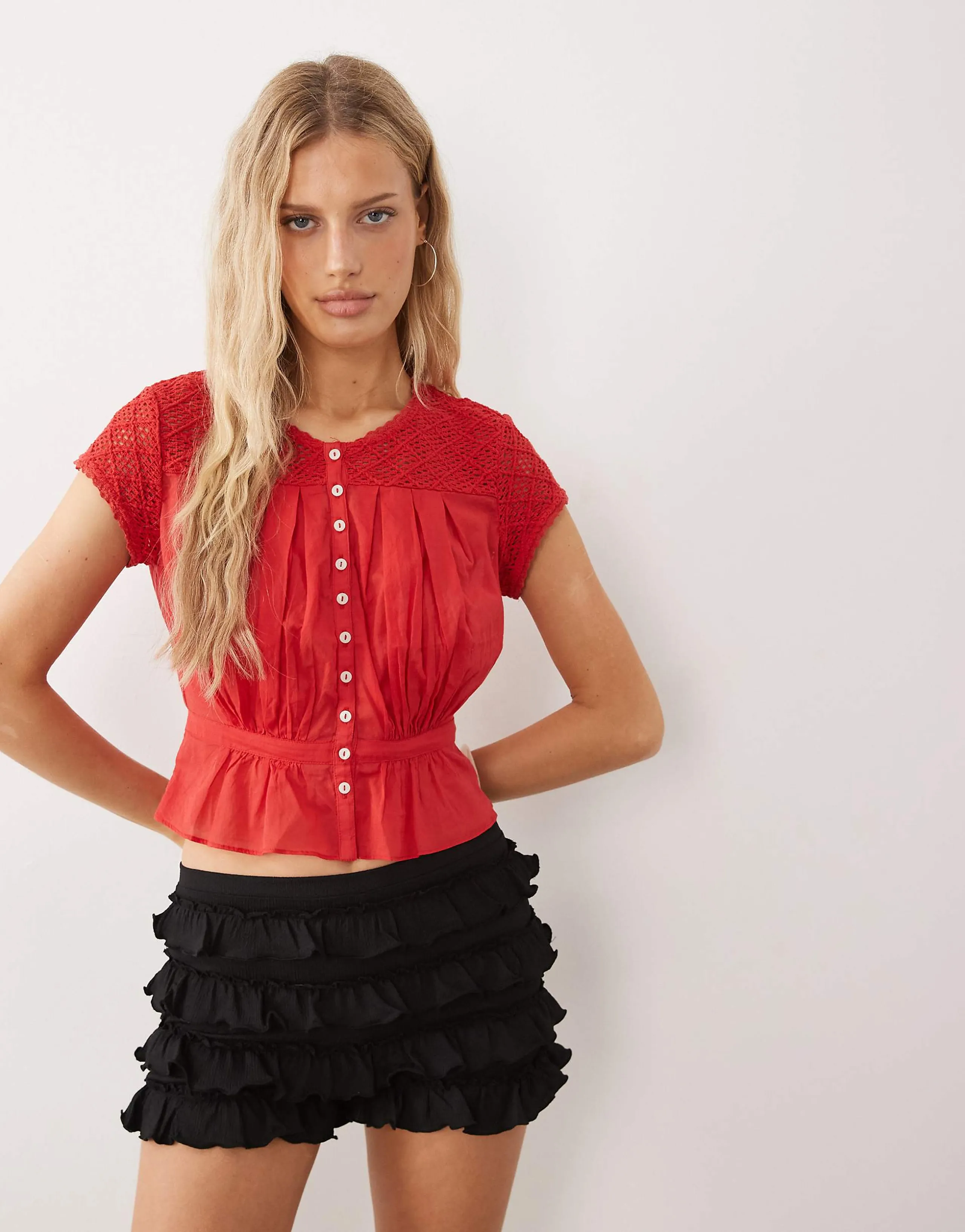 Free People button down embroidered short sleeve top in red