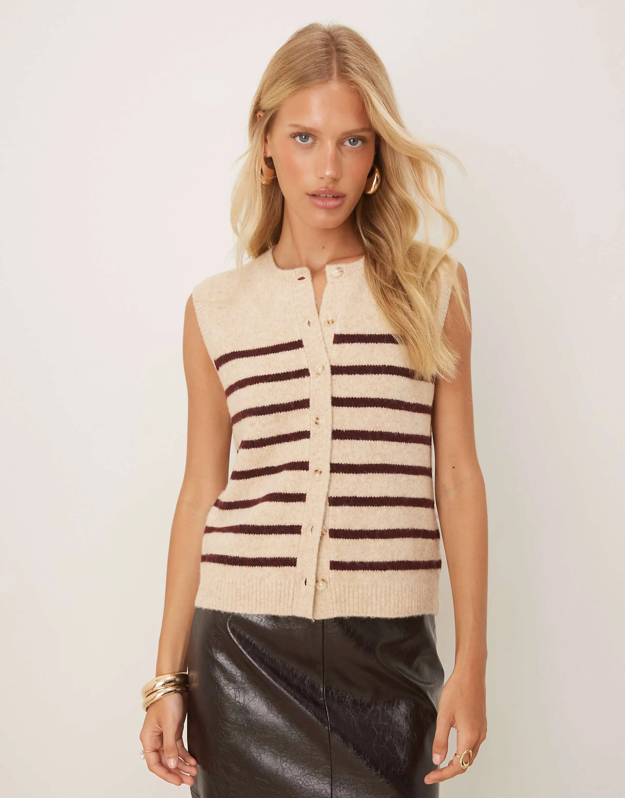 Nobody's Child button up knit vest in beige and red stripes