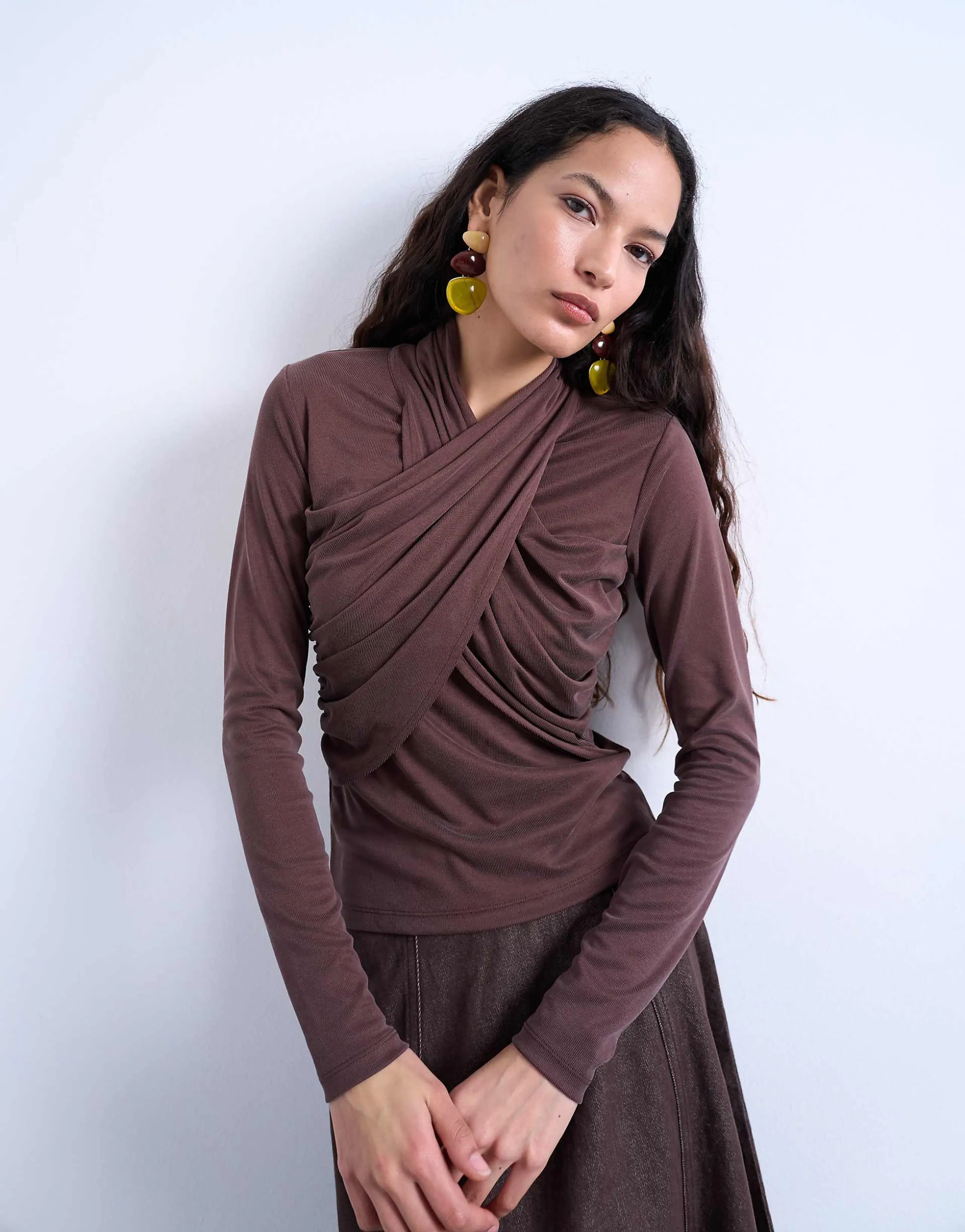 Topshop cross over wrap long sleeve top in chocolate brown