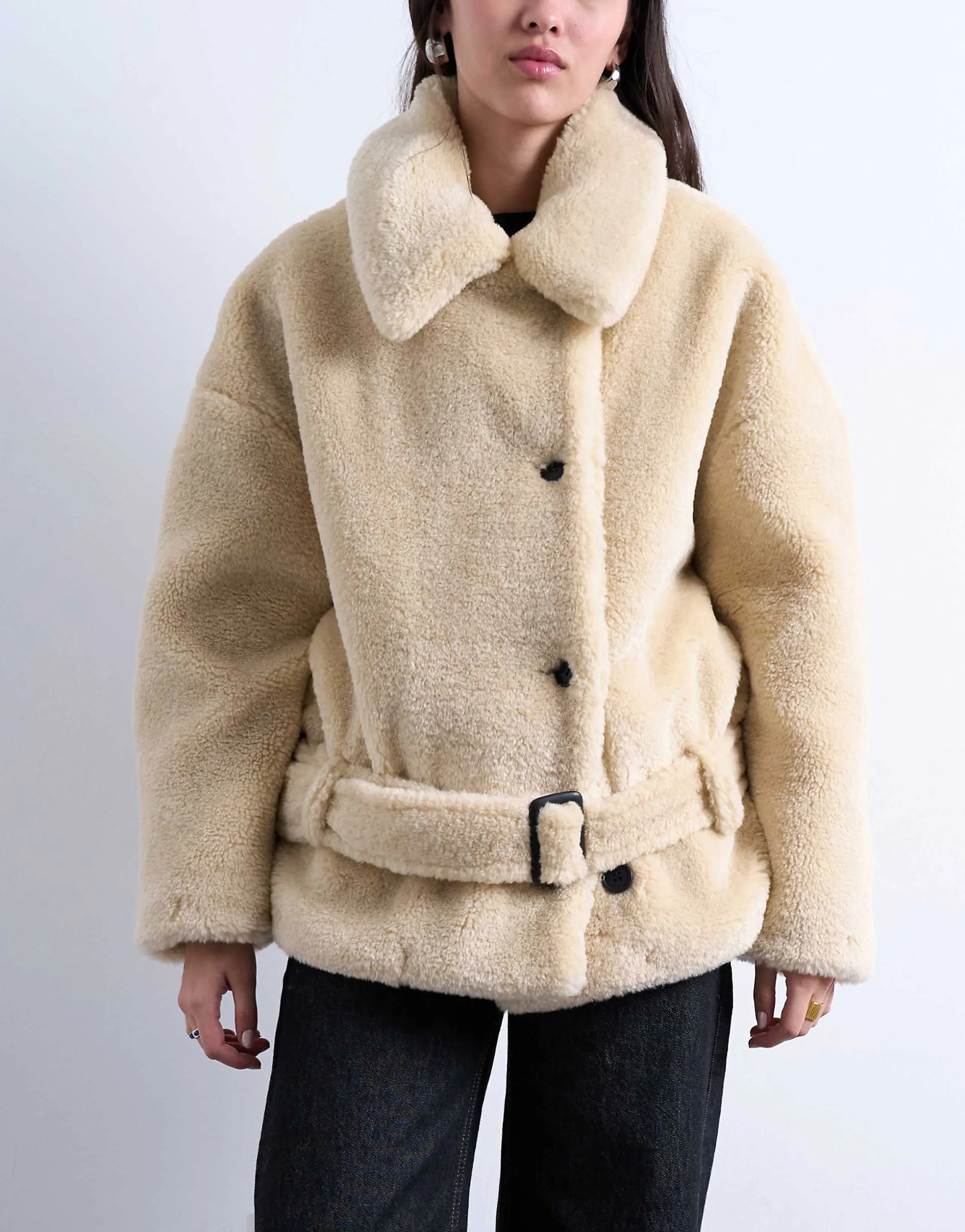 Topshop teddy belted short car coat in cream