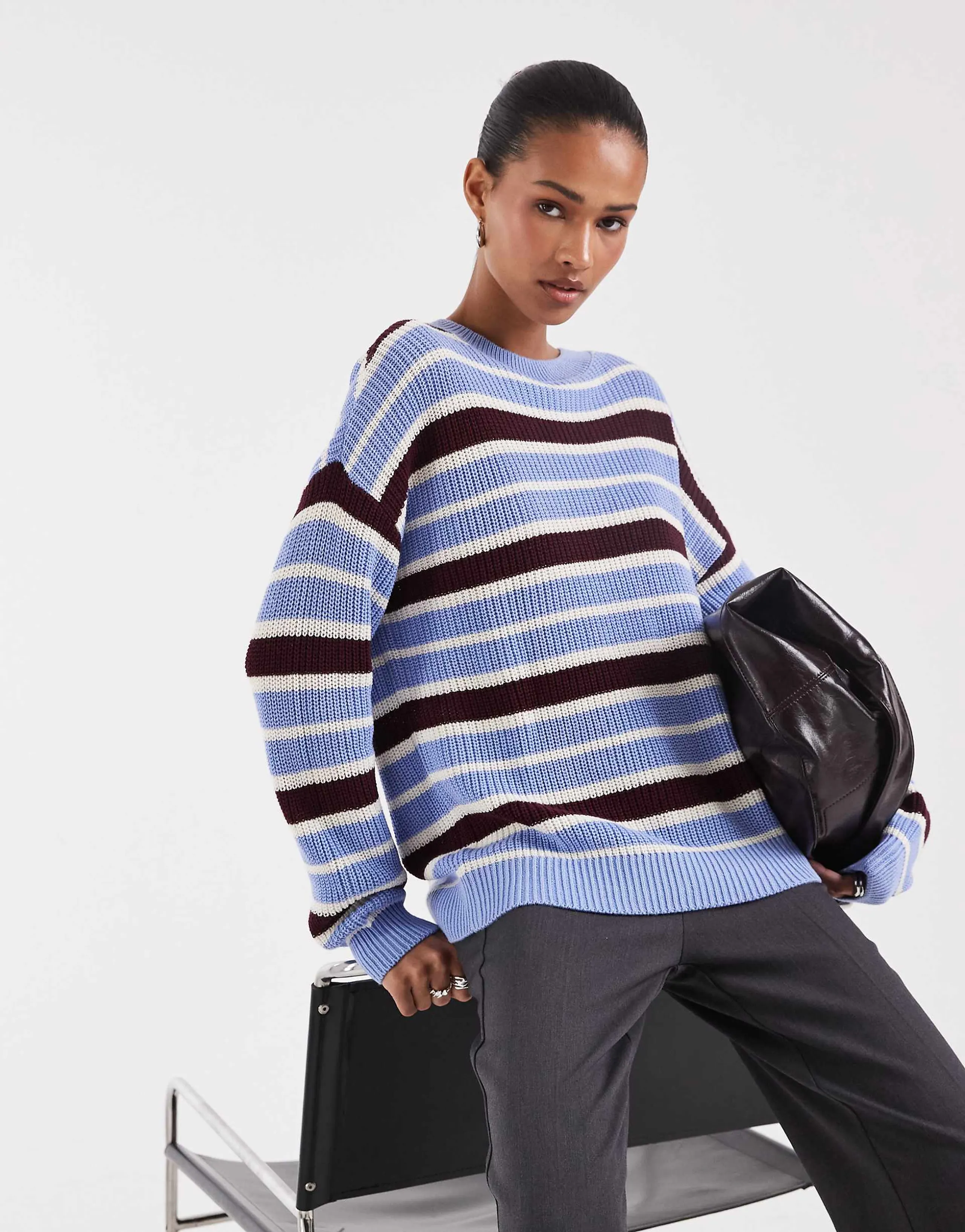 Noisy May crew neck knit sweater in blue and burgundy stripes