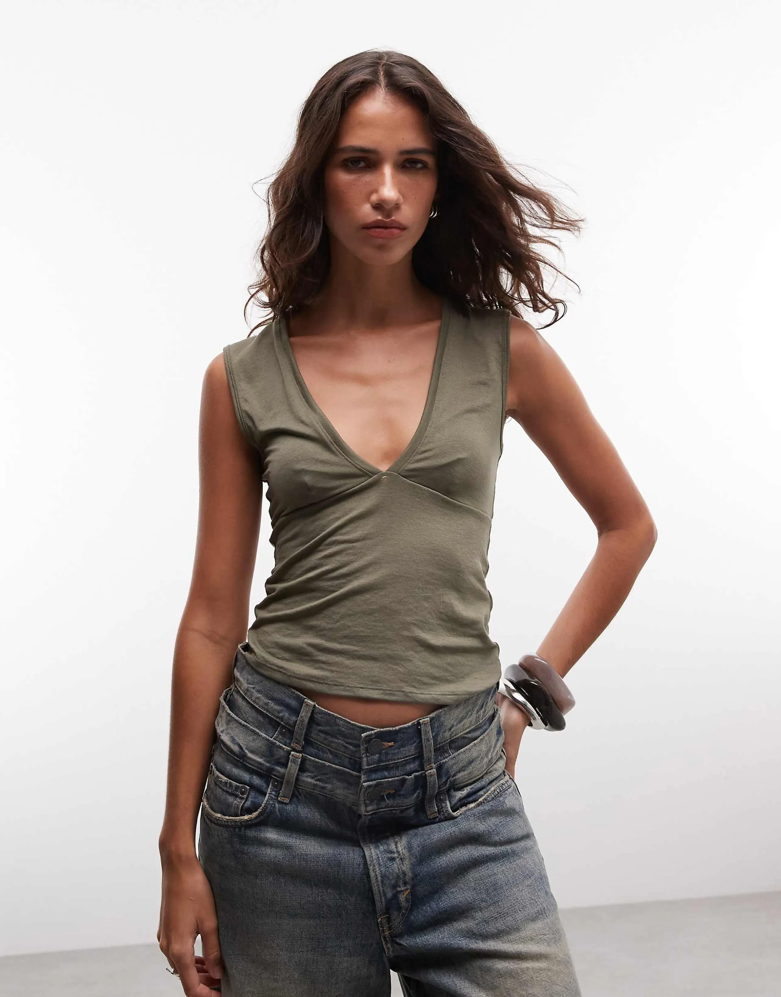 Weekday plunge v-neck top in khaki green