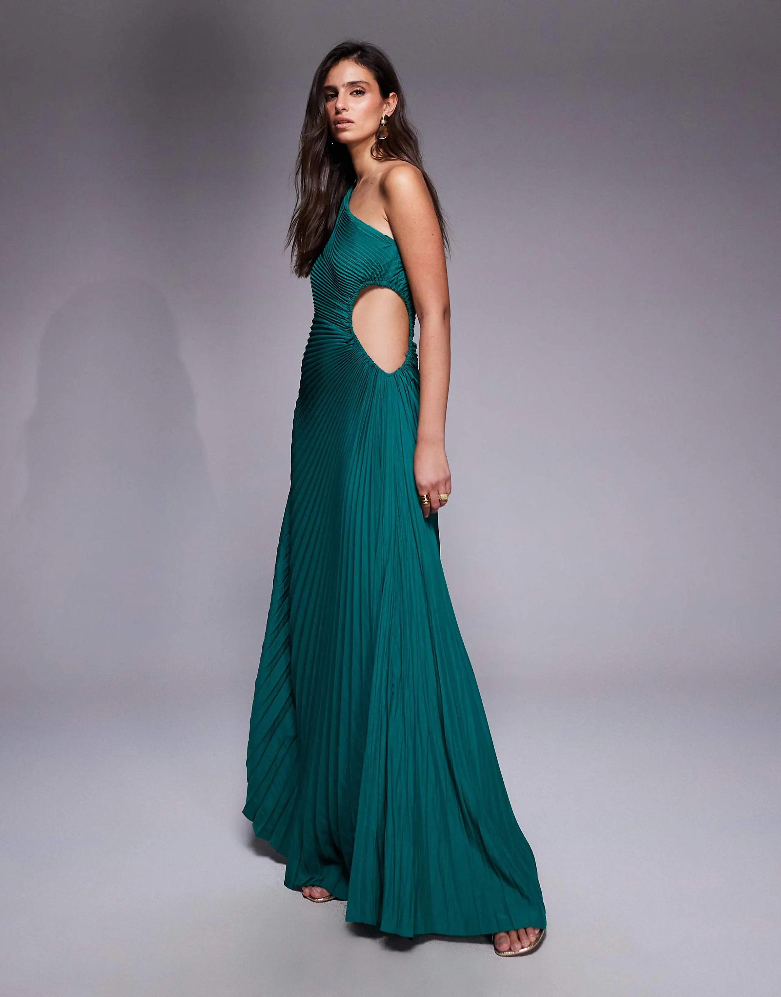 Aria Cove pleated one shoulder cut out maxi dress in emerald 