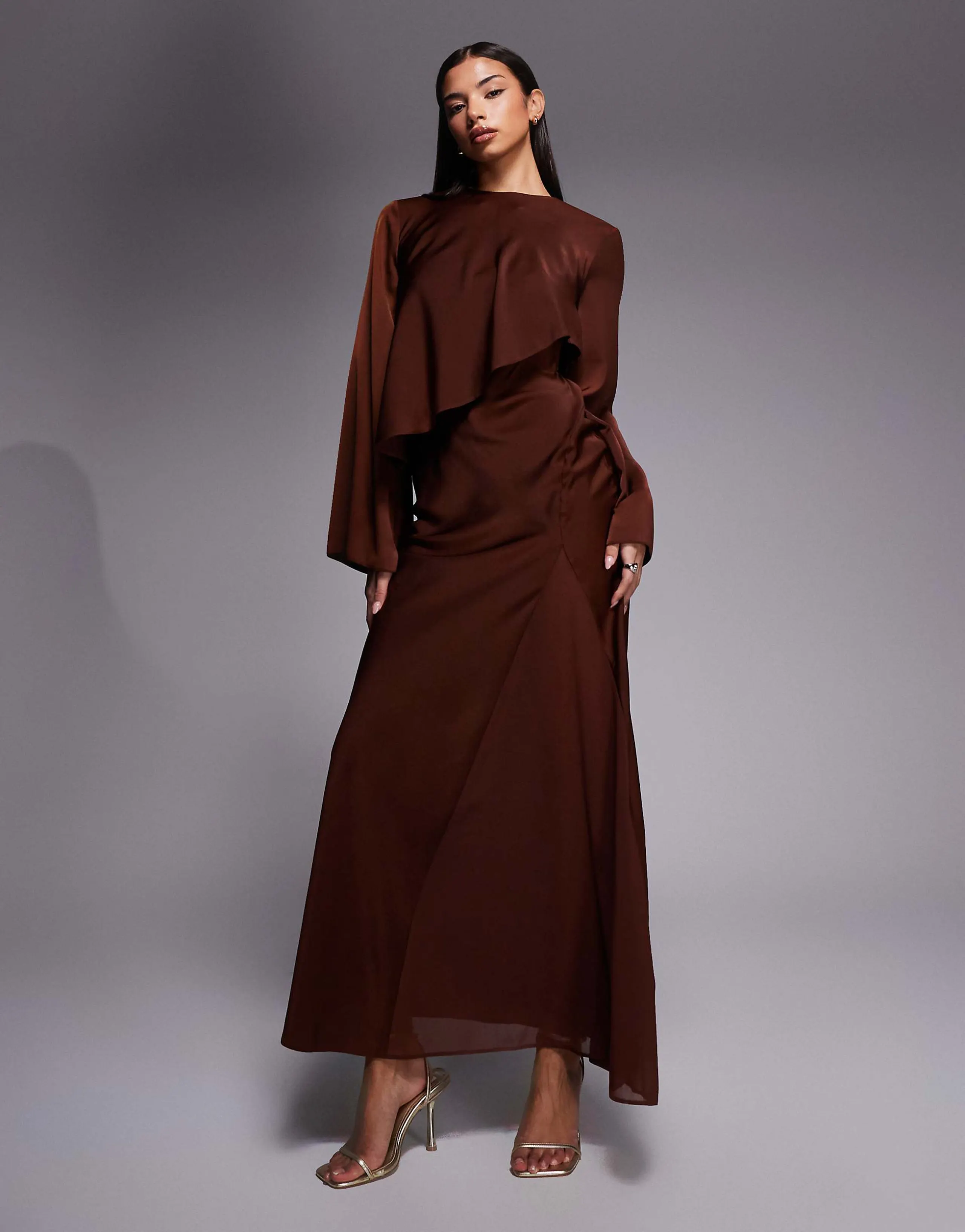 ASOS DESIGN satin long sleeve cape detail maxi dress in chocolate 