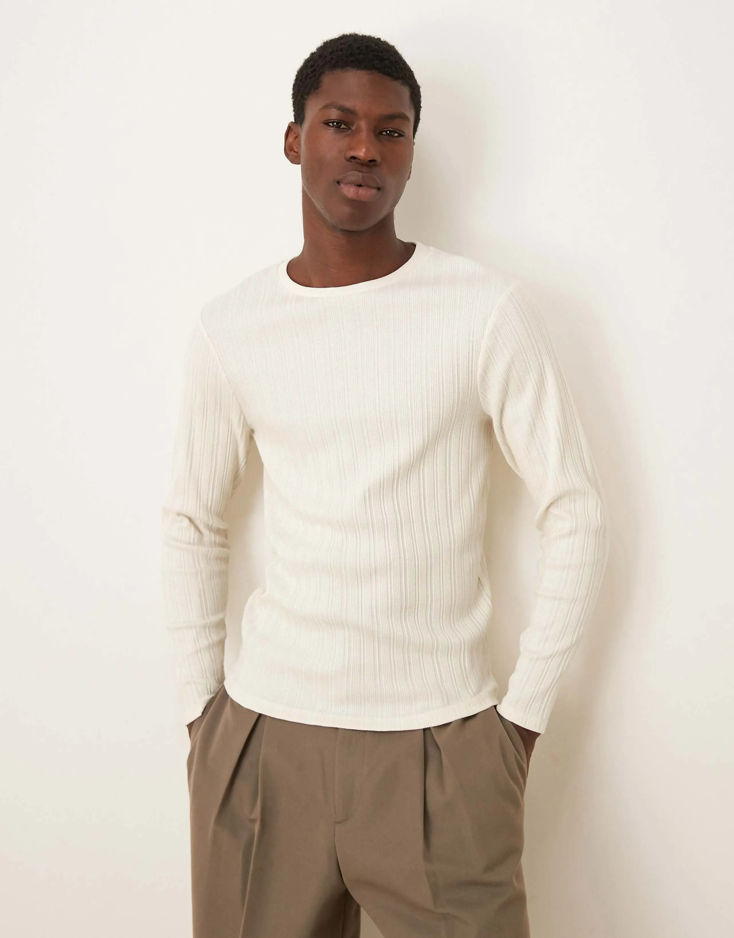 ASOS DESIGN muscle fit boxy textured long sleeve T-shirt in cream rib