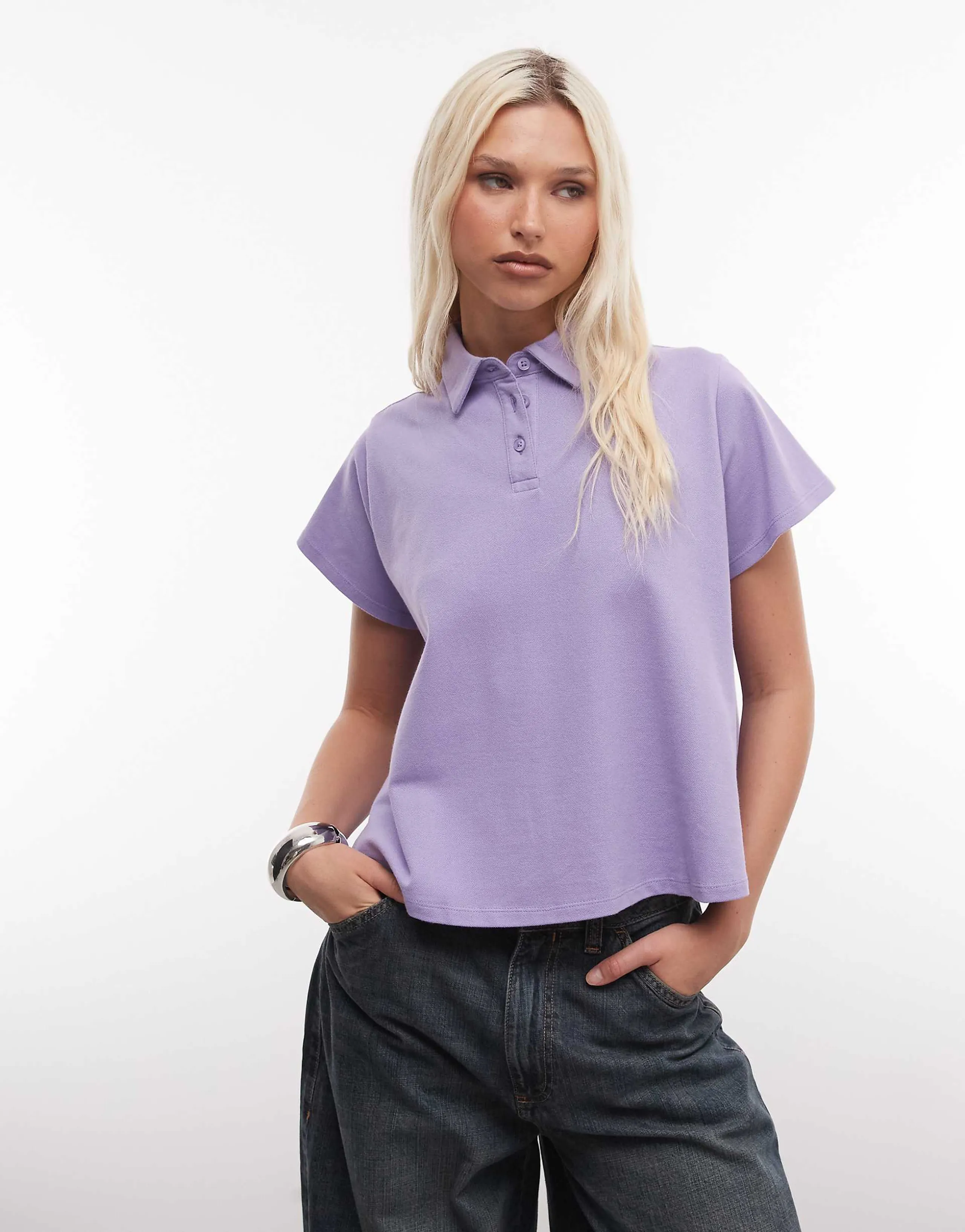 ASOS DESIGN trapeze hem short sleeve polo top in lilac