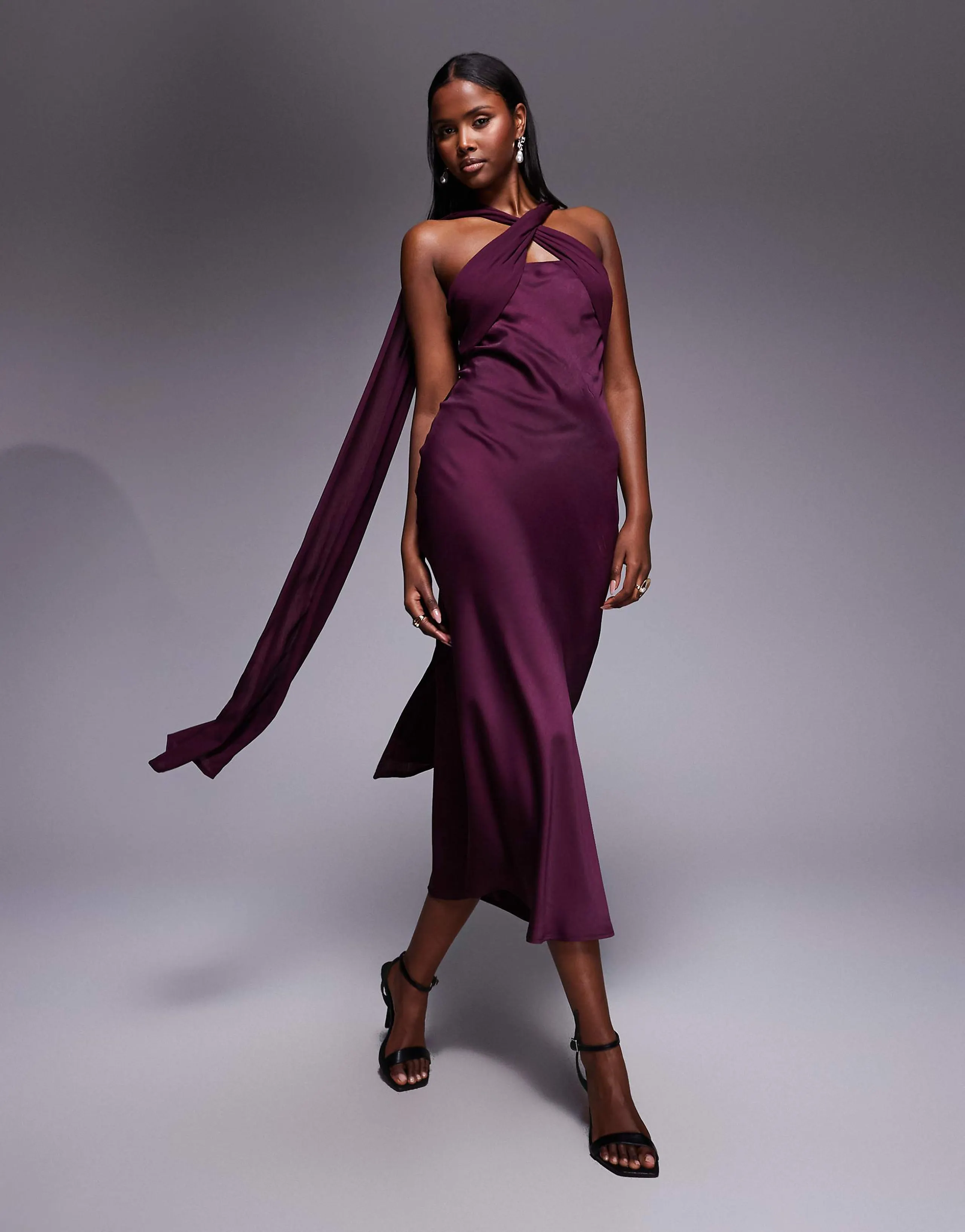 ASOS DESIGN twisted detail satin chiffon maxi dress with scarf in plum