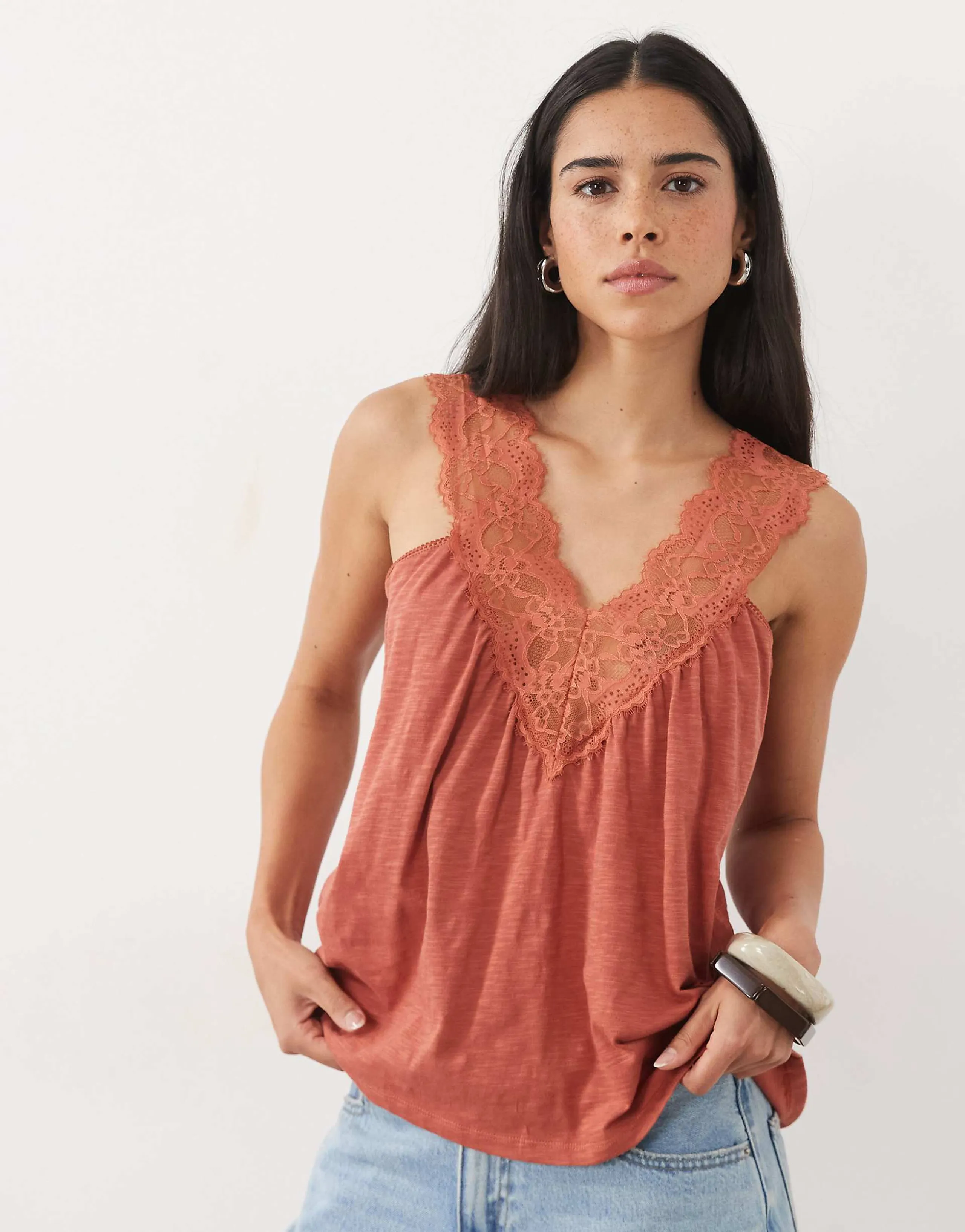 Miss Selfridge V-neck cami top with picot trim in red