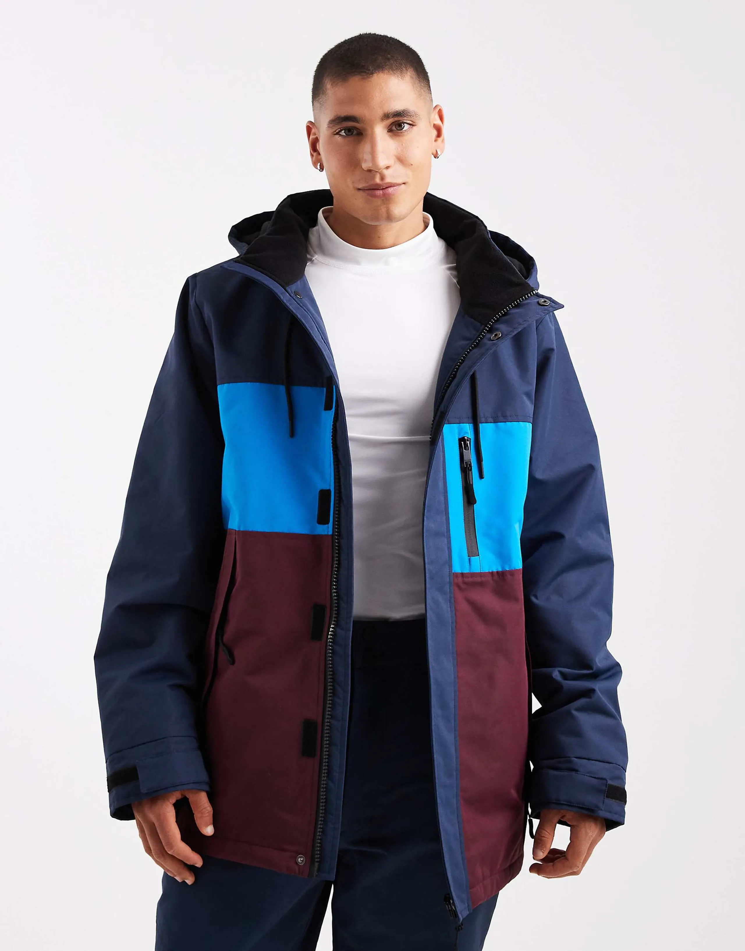 Threadbare zip through ski jacket with hood in navy and burgundy
