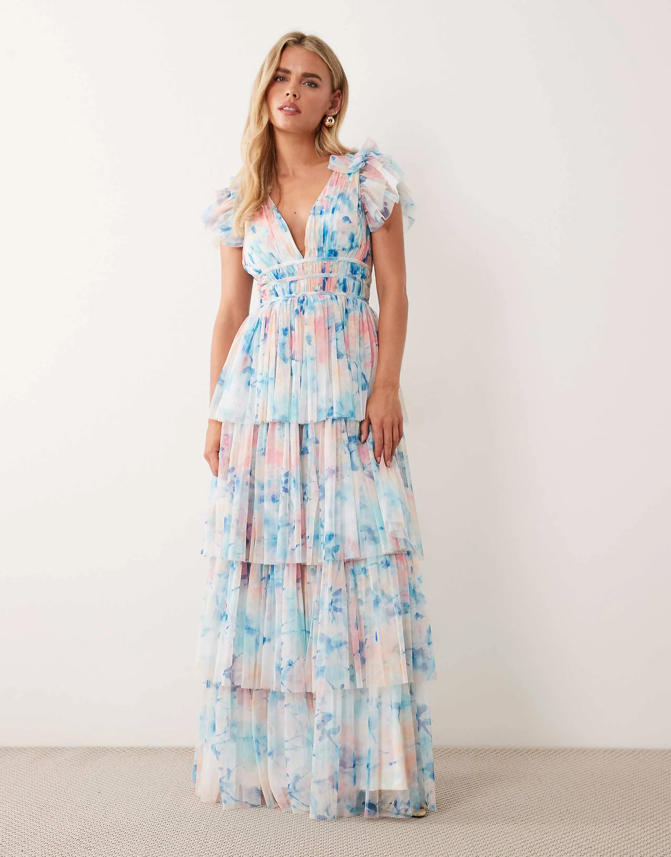 Lace & Beads Petite ruffle shoulders tiered tulle maxi dress in blue floral print