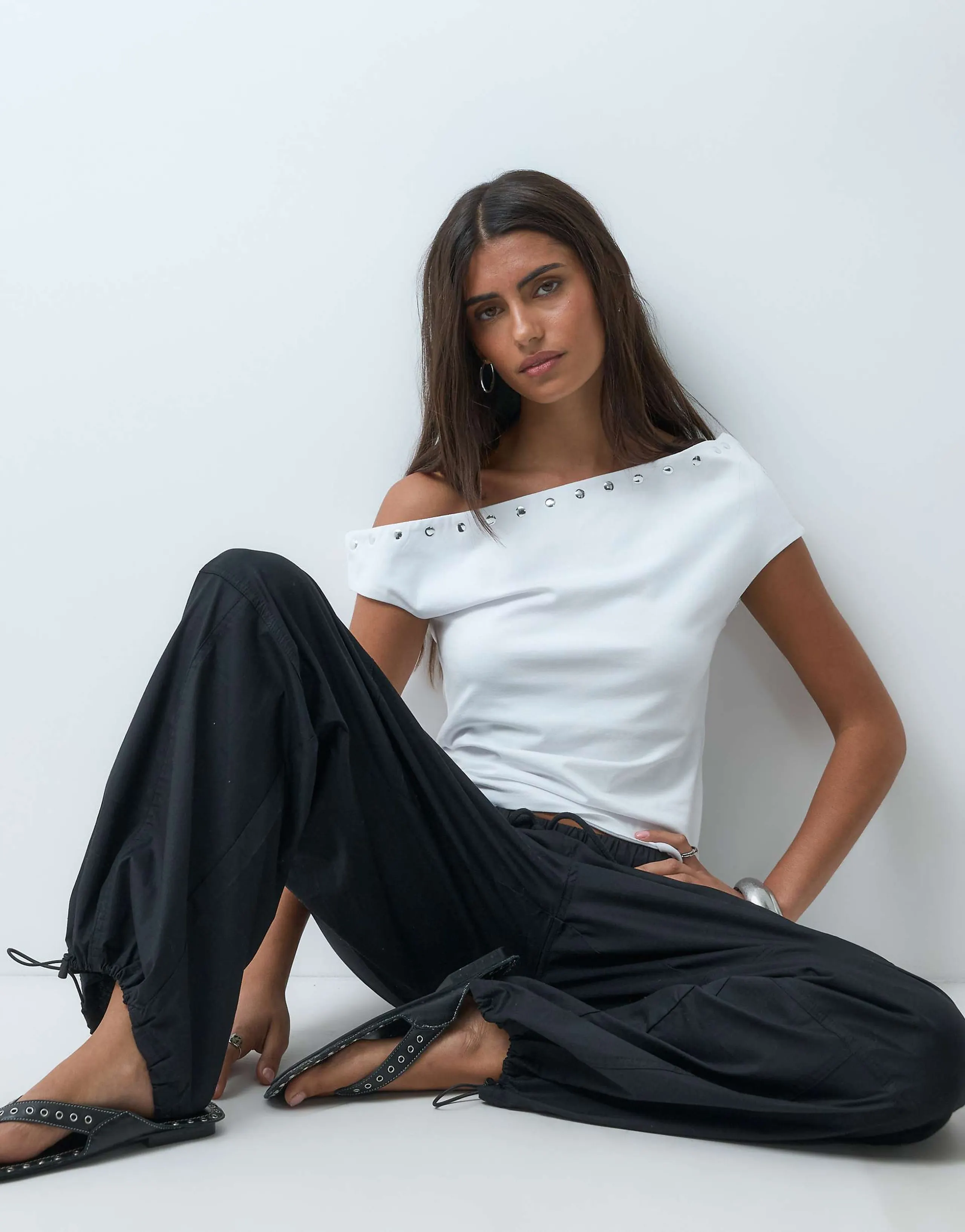ASOS DESIGN off shoulder with stud details top in white
