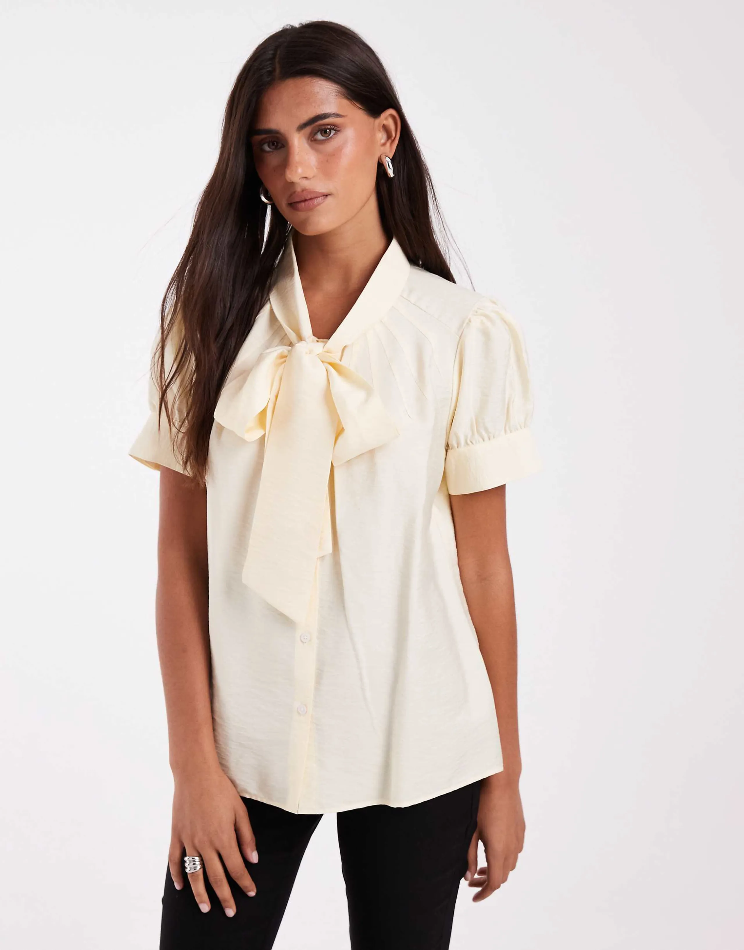 ASOS DESIGN fitted bow blouse with puff ball sleeve in buttermilk yellow