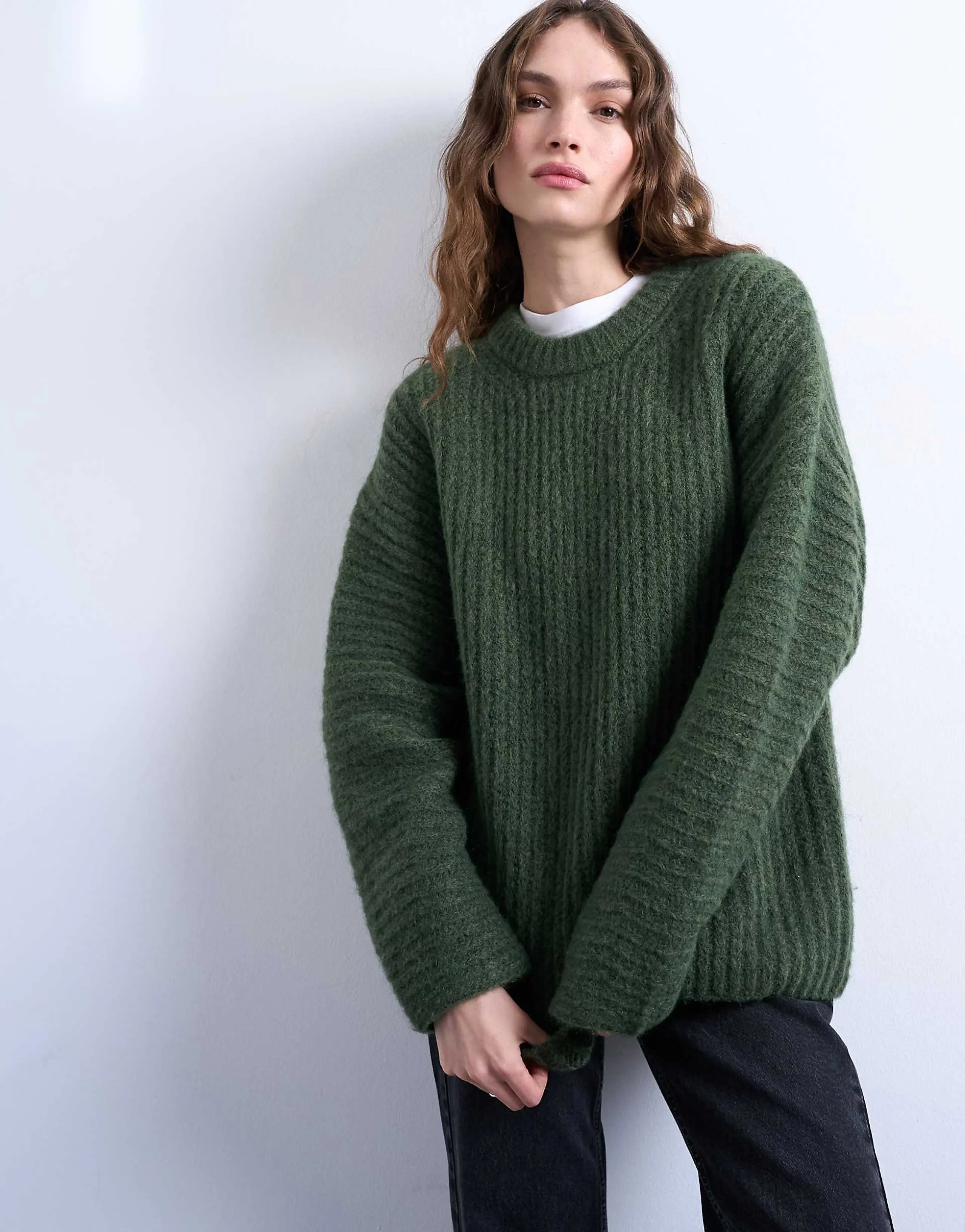 Topshop oversized balloon sleeve rib knit sweater in green
