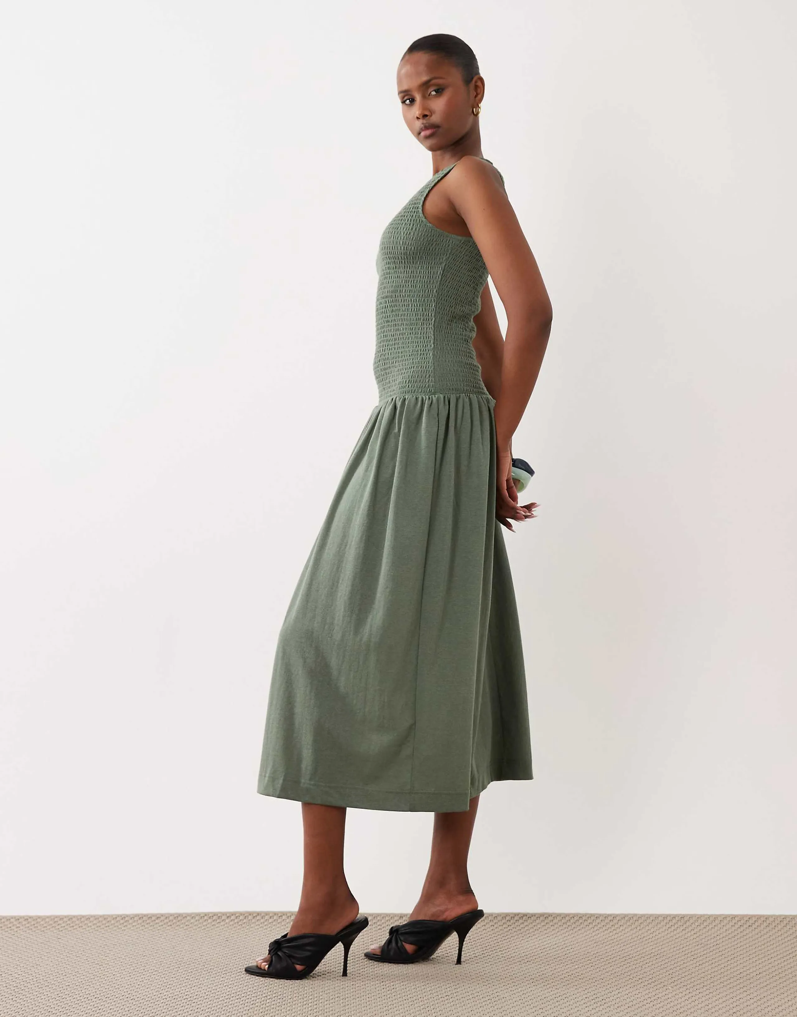 VILA sleeveless smocked midi dress in sage green