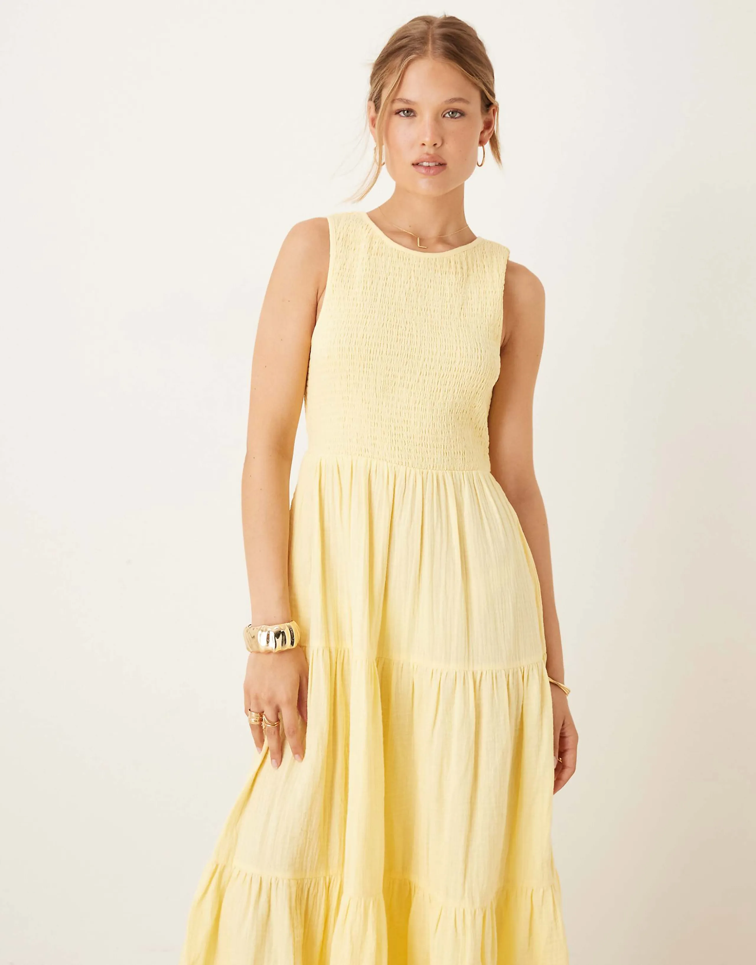 Nobody's Child Charlie sleeveless tiered midi dress in lemon