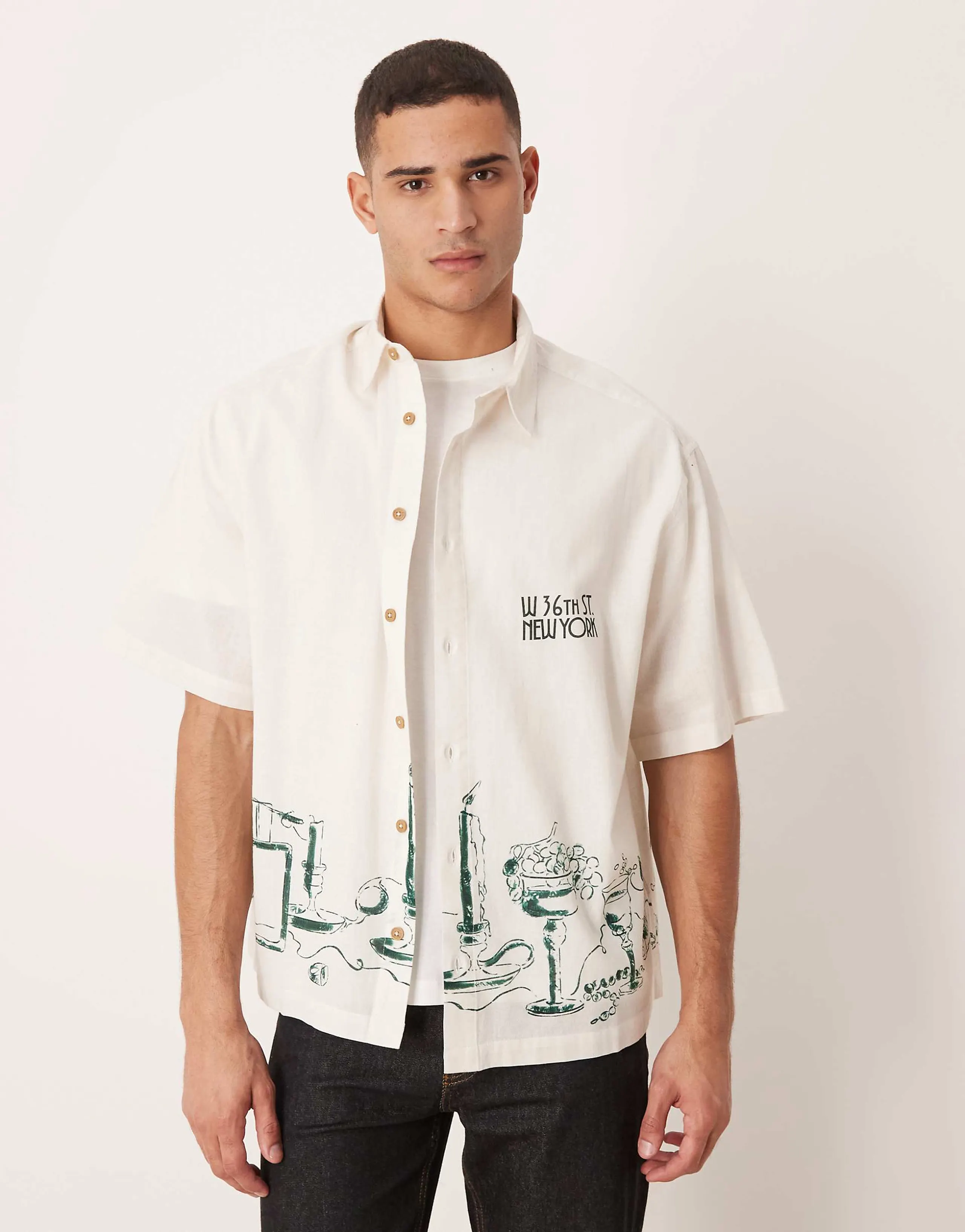 ASOS DESIGN oversized shirt with linen with placement print in off white