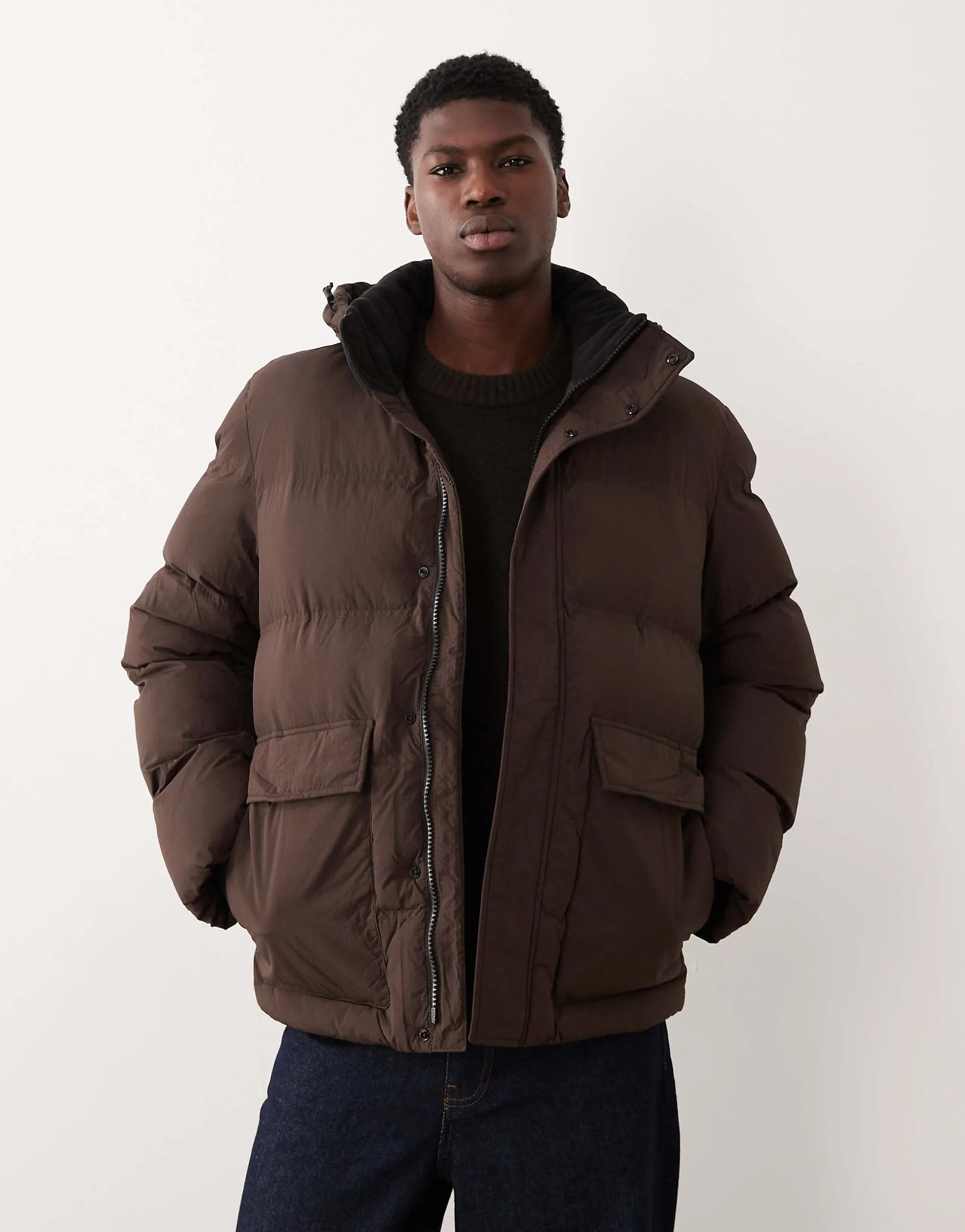 Selected nylon puffer jacket in brown