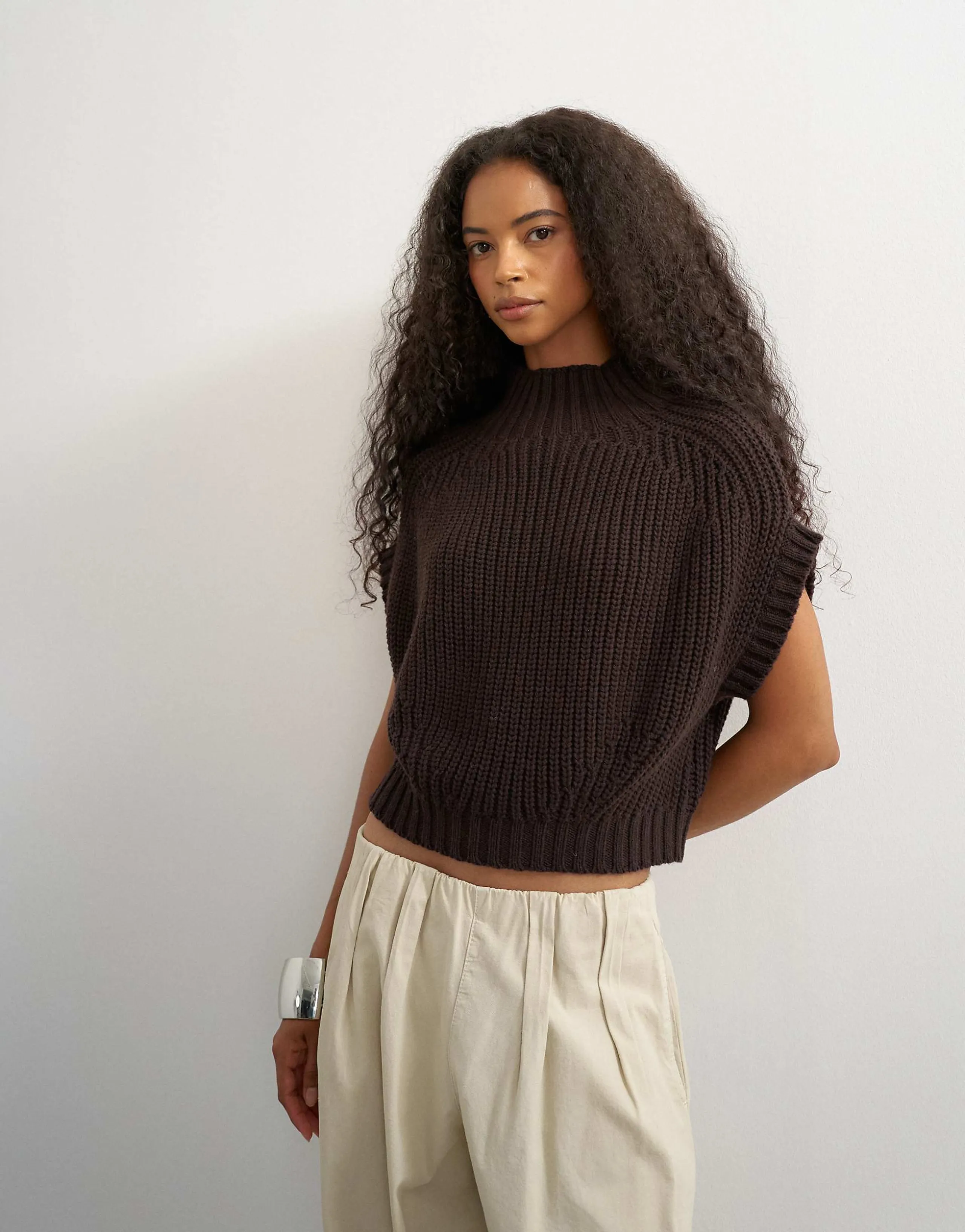 Topshop wool blend slouchy knit short sleeve ribbed top in tobacco