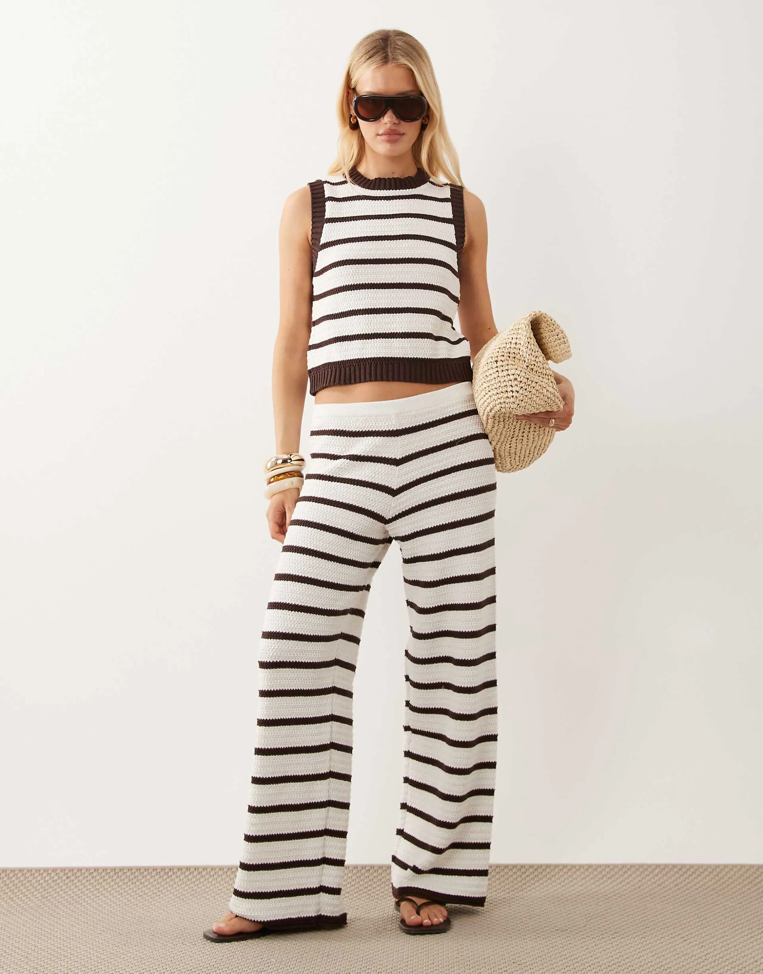 ASOS DESIGN crochet knit beach pants in brown stripes - part of a set