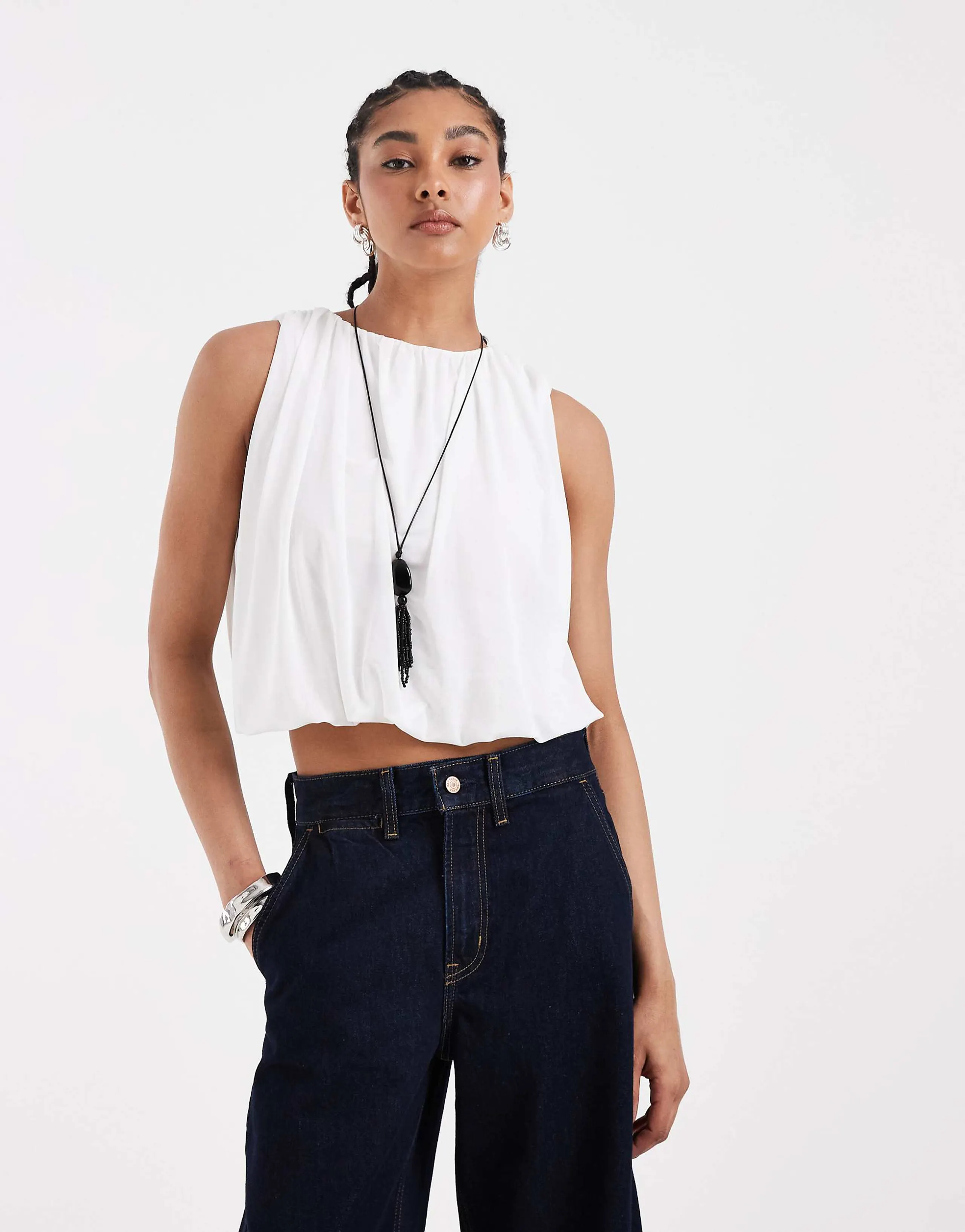 ASOS DESIGN mesh gathered bubble hem top in white