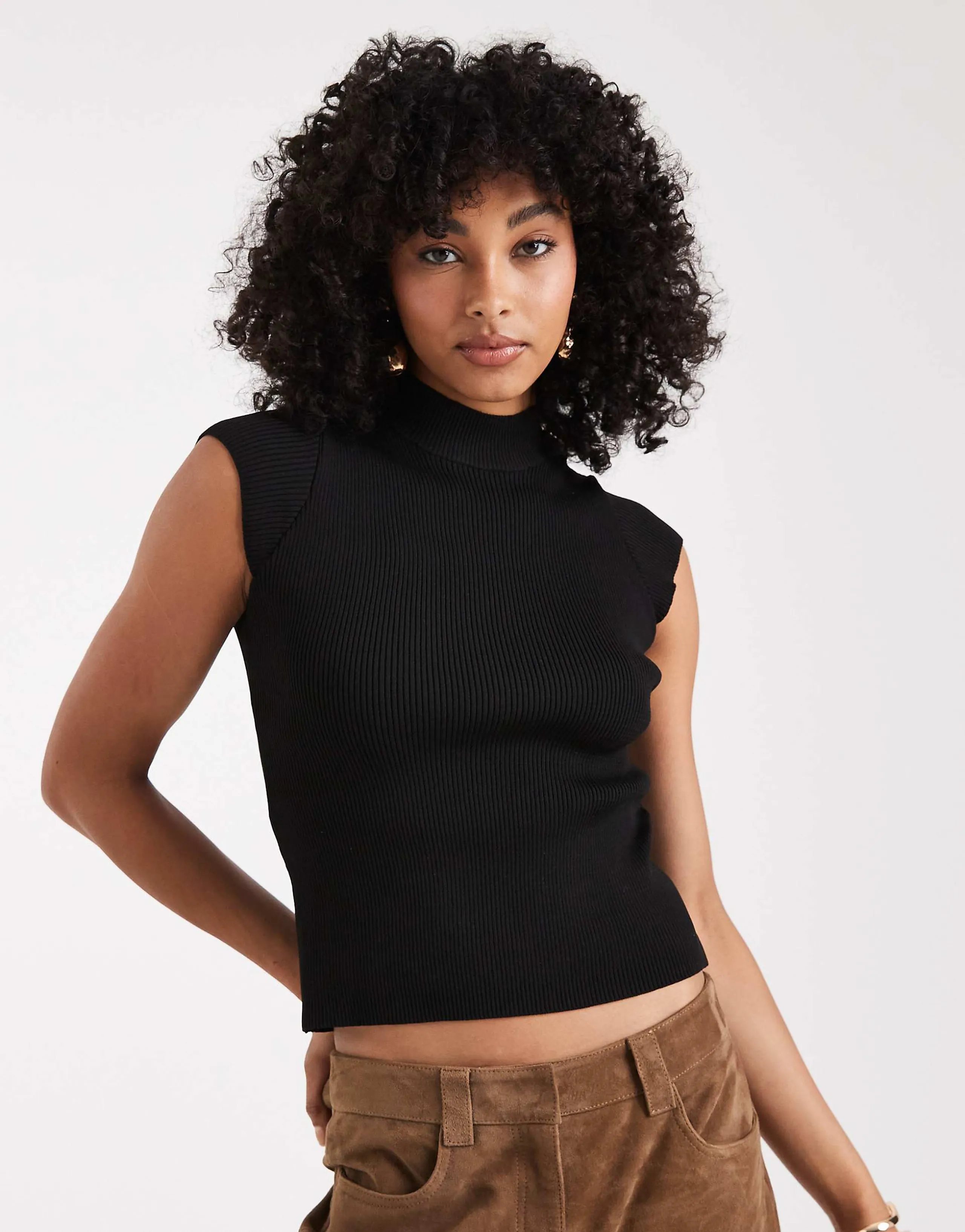 ASOS DESIGN knit neat fit top with cap sleeve in black